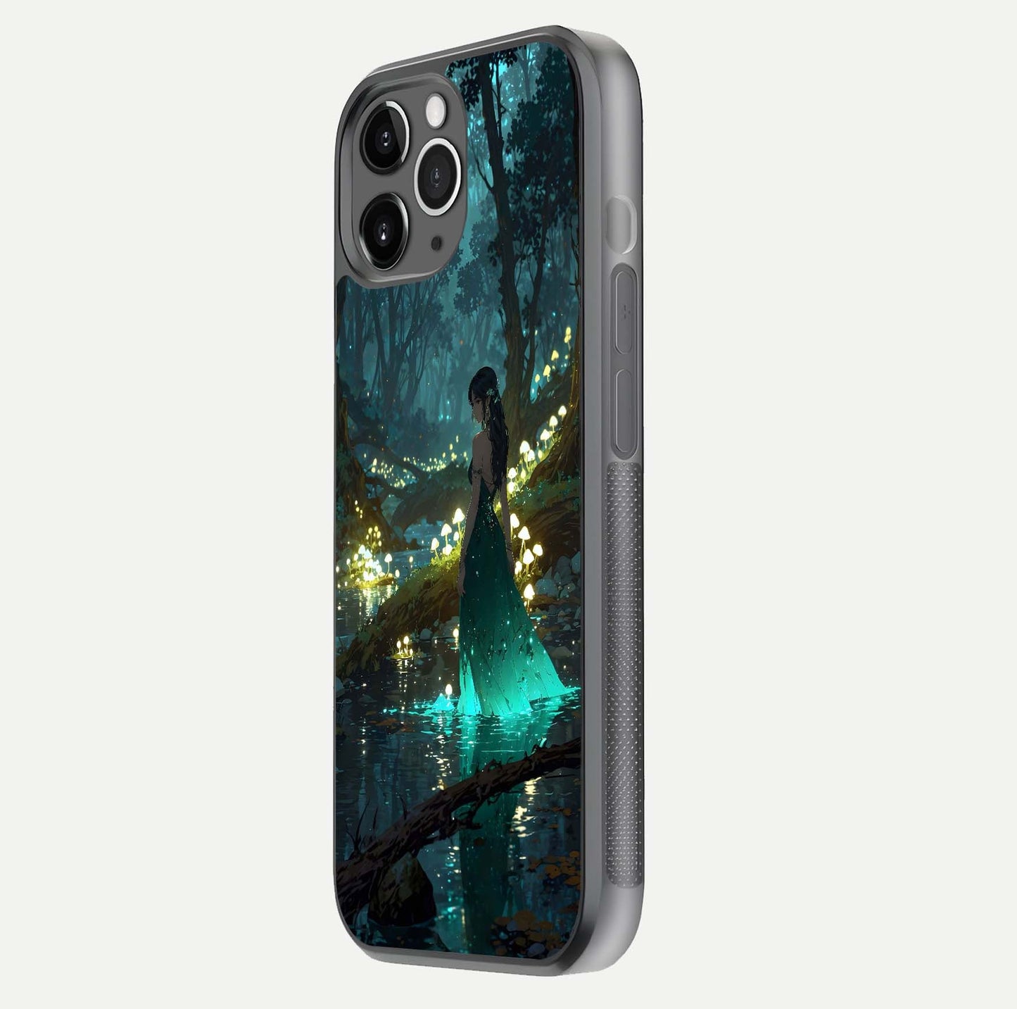 Enchanted Forest Glow Glass Case for iPhone 11 Pro Max floating mockup showing gloss polish and fantasy vibe