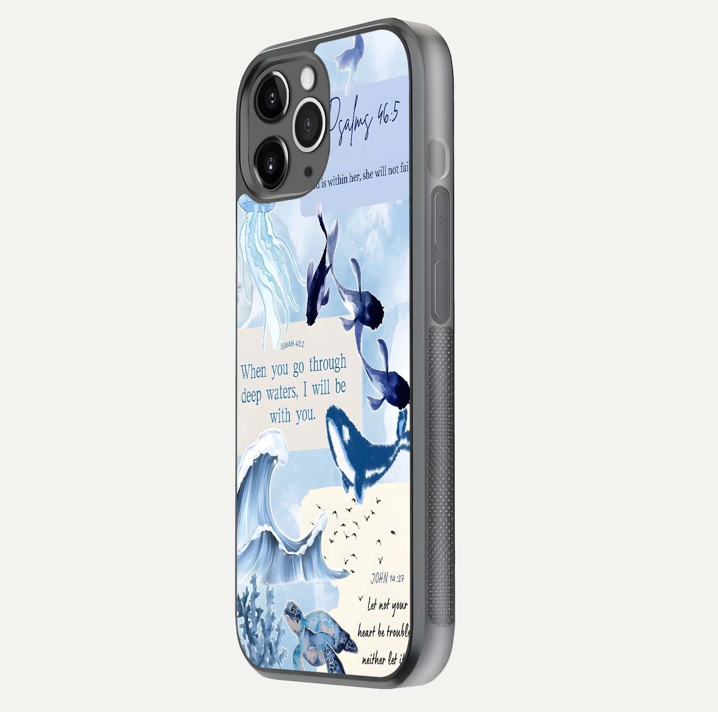 Faithful Ocean Promise Glass Case for iPhone 11 Pro Max floating mockup displaying glossy surface and vivid depth
