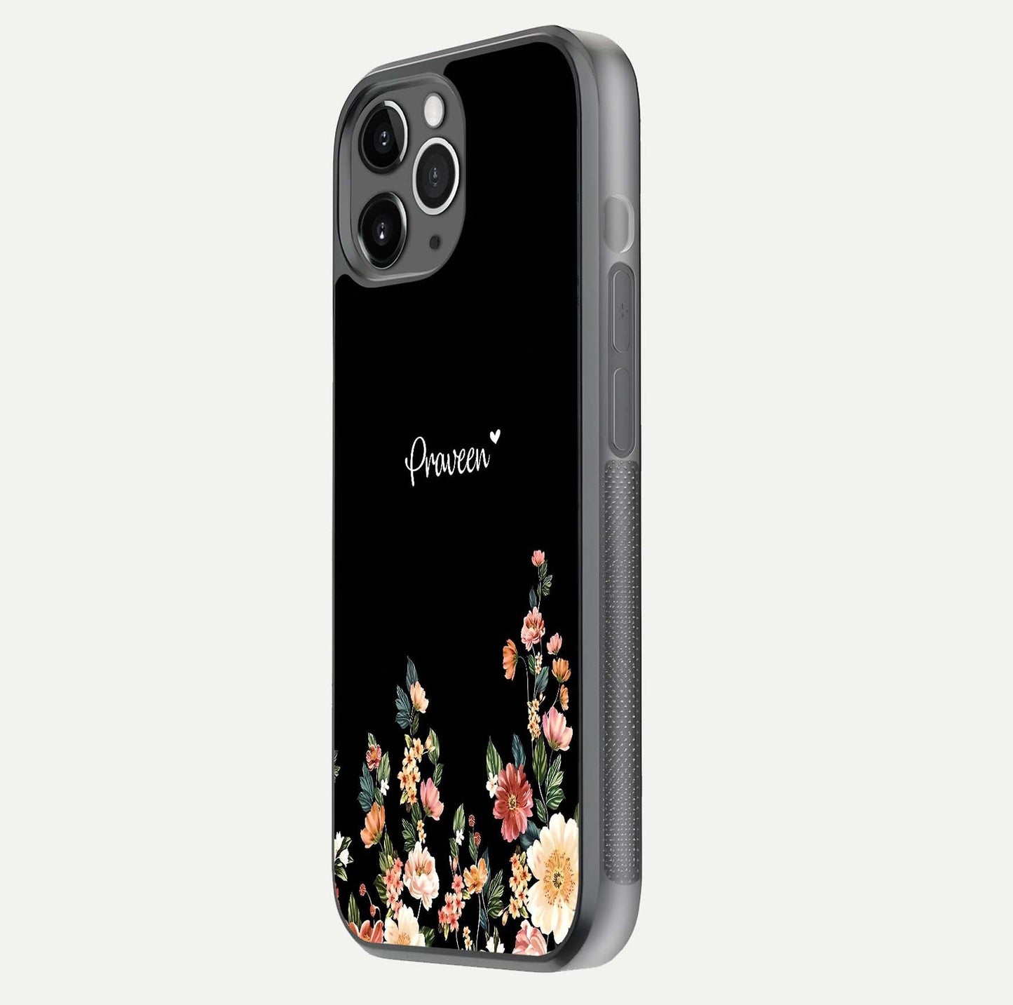 Floral Design Personalized Custom Name Glass Case for iPhone 11 Pro Max floating mockup showing reflection polish and vivid colors