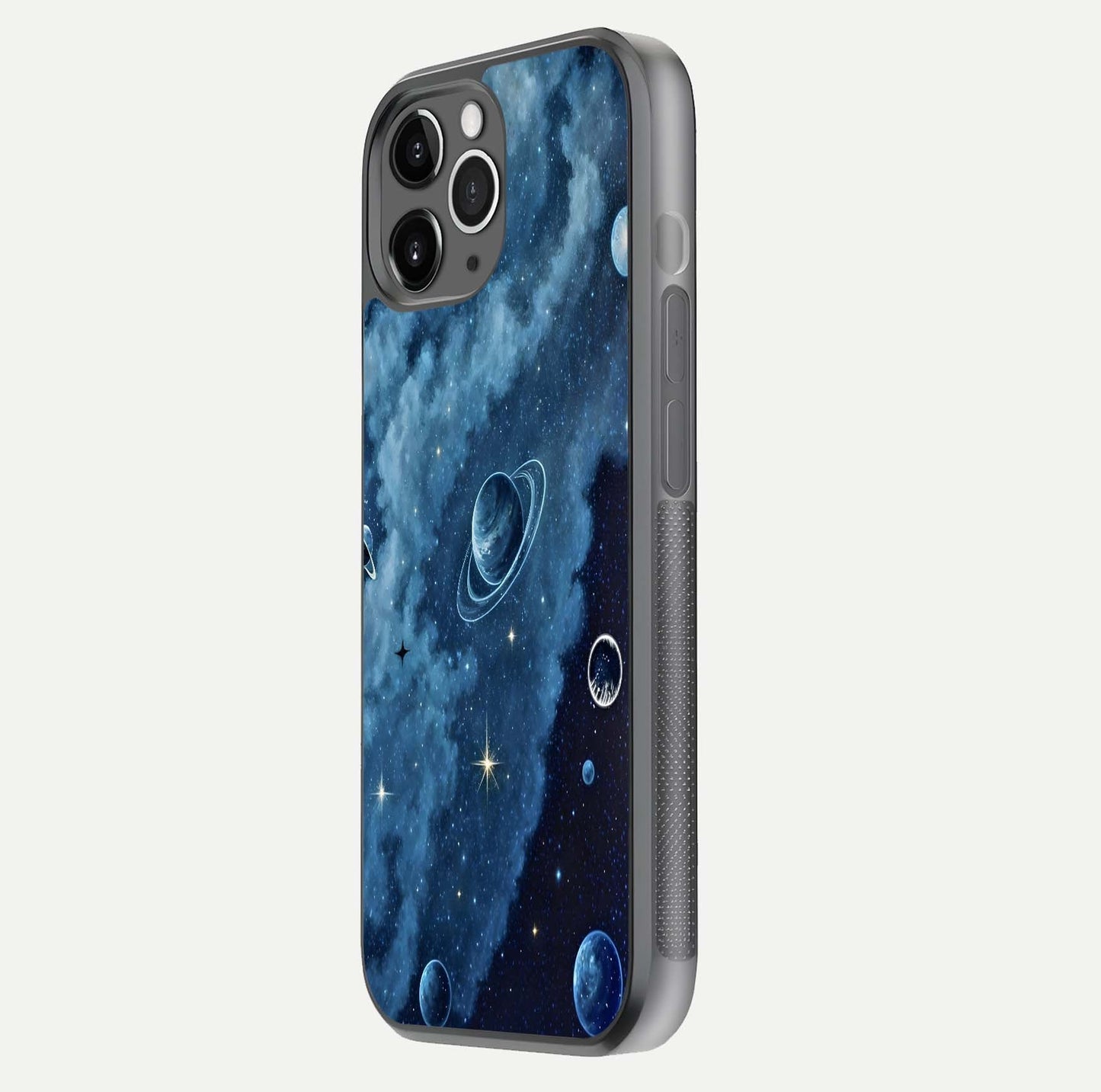 Galaxy Dream Space Glass Case for iPhone 11 Pro Max floating dual-view mockup showing glossy finish and celestial depth