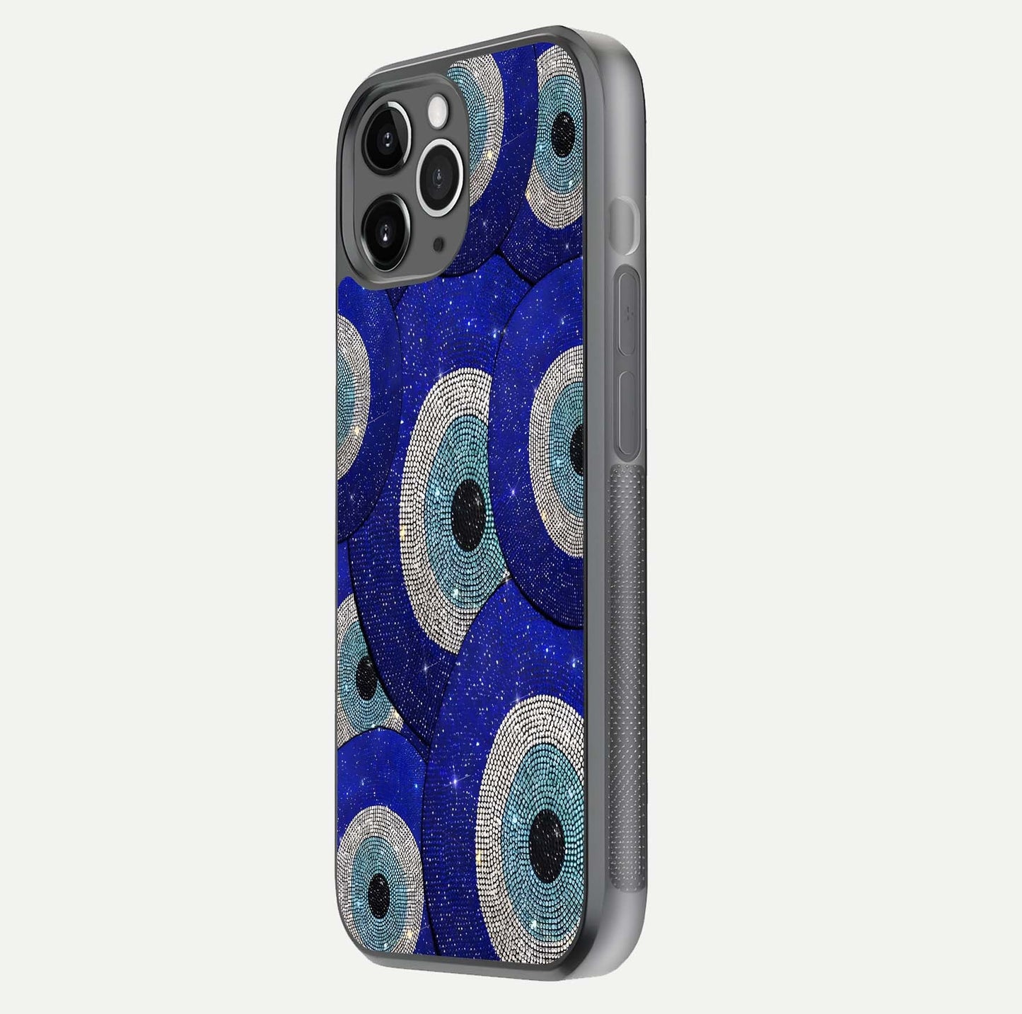 Galaxy Eye Flow Glass Case for iPhone 11 Pro Max floating dual-view mockup showing gloss polish and glowing tones