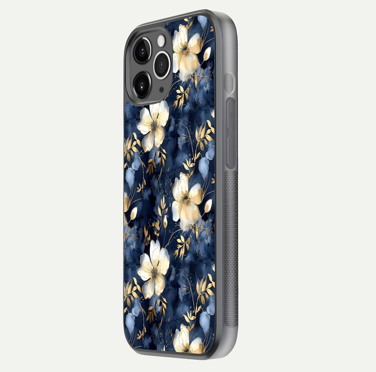 Golden Midnight Bloom Glass Case for iPhone 11 Pro Max floating dual-view mockup showing gloss polish and metallic reflection