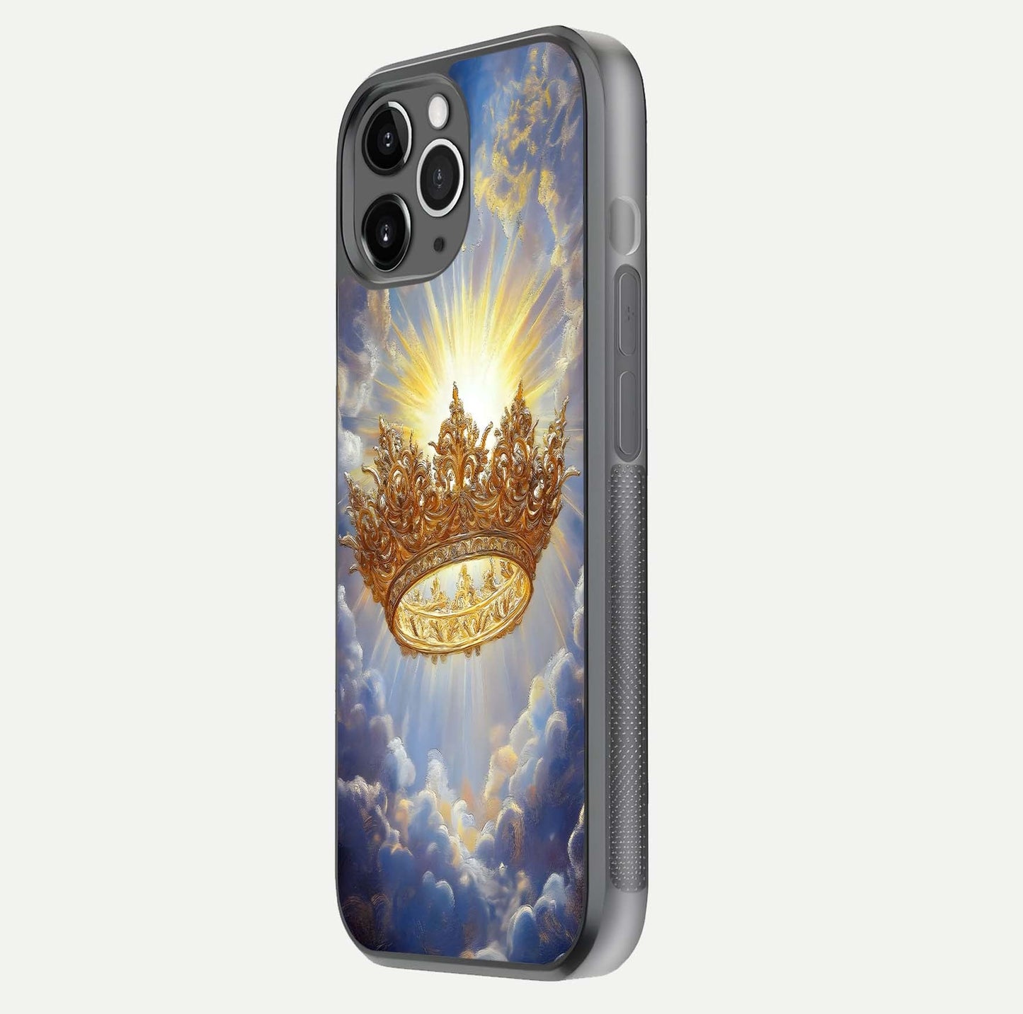 Heavenly Crown Light Glass Case for iPhone 11 Pro Max floating dual-view mockup showing gloss shine and luminous crown texture