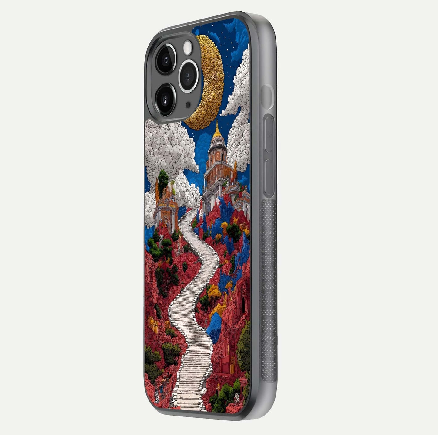 Heavenly Moon Path Glass Case for iPhone 11 Pro Max floating dual-view mockup showing gloss surface and celestial pathway