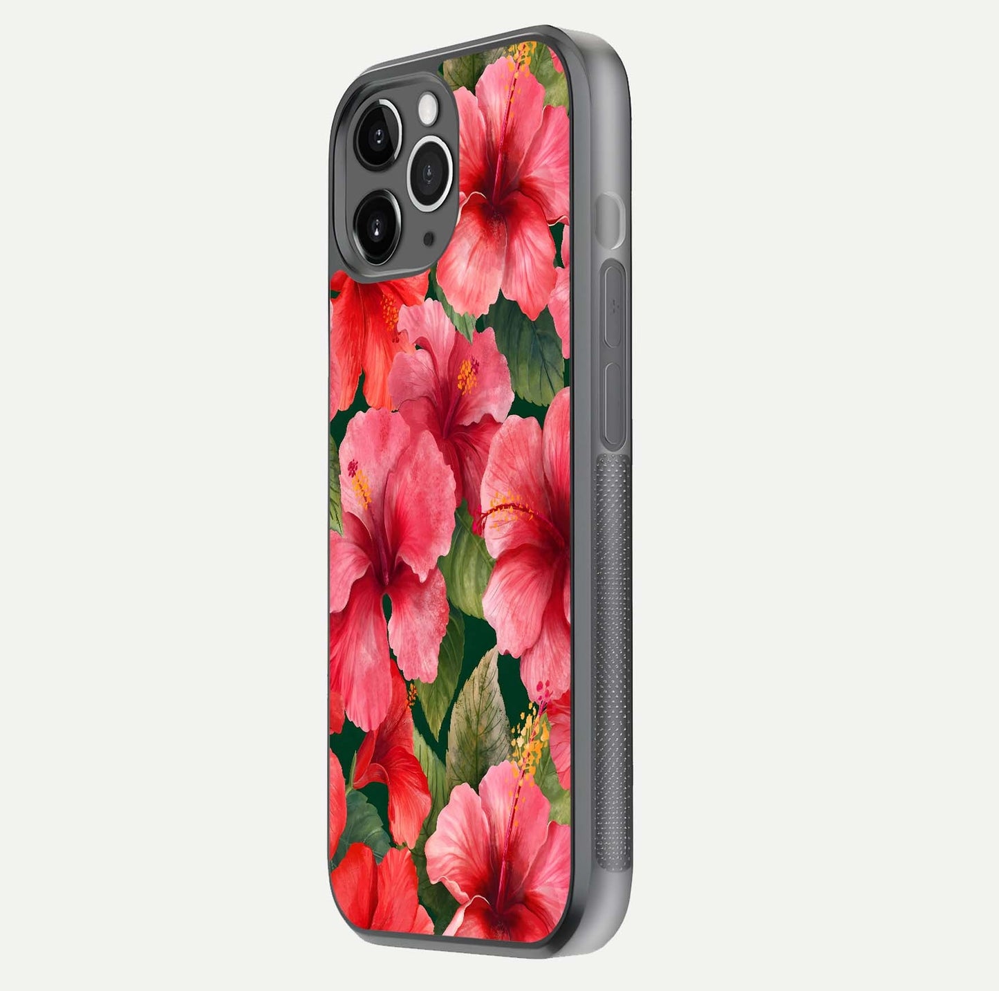 Hibiscus Pattern Glass Case for iPhone 11 Pro Max floating dual-view mockup showing glossy texture and vivid color depth