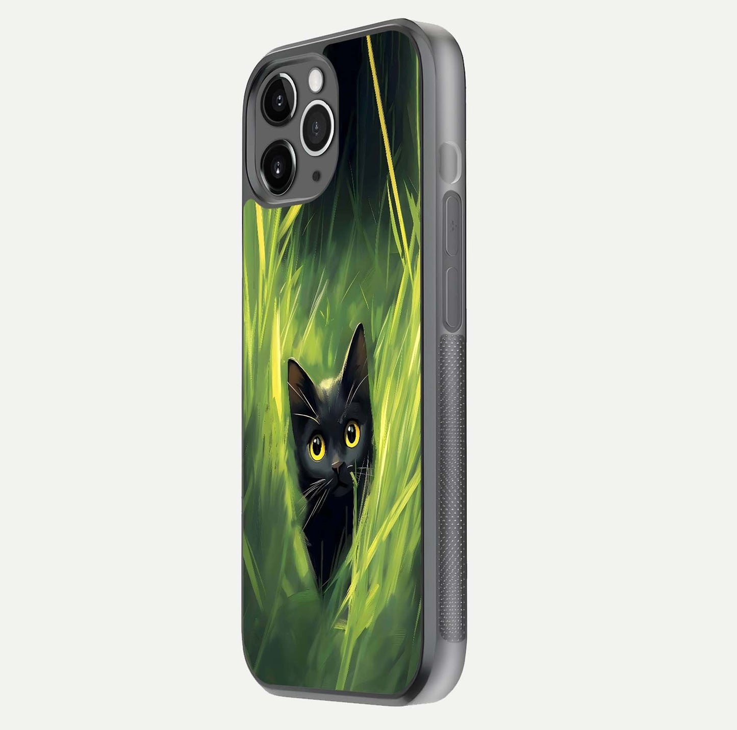 Hidden Cat Whisper Glass Case for iPhone 11 Pro Max floating dual-view mockup showing glossy tone and elegant cat silhouette