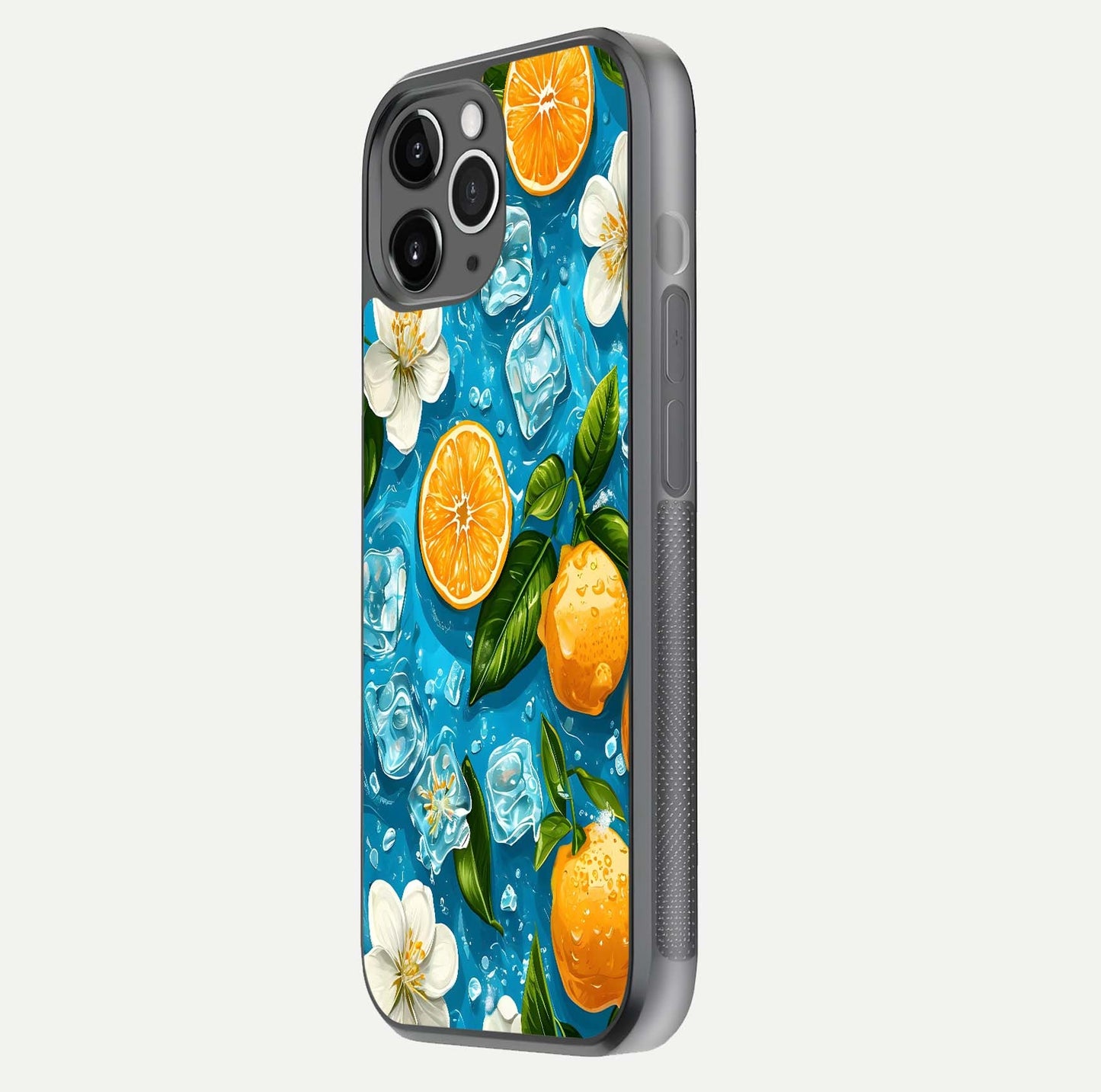 Ice Cube With Orange Glass Case for iPhone 11 Pro Max floating dual-view mockup showing glossy shine and cool refreshing tone