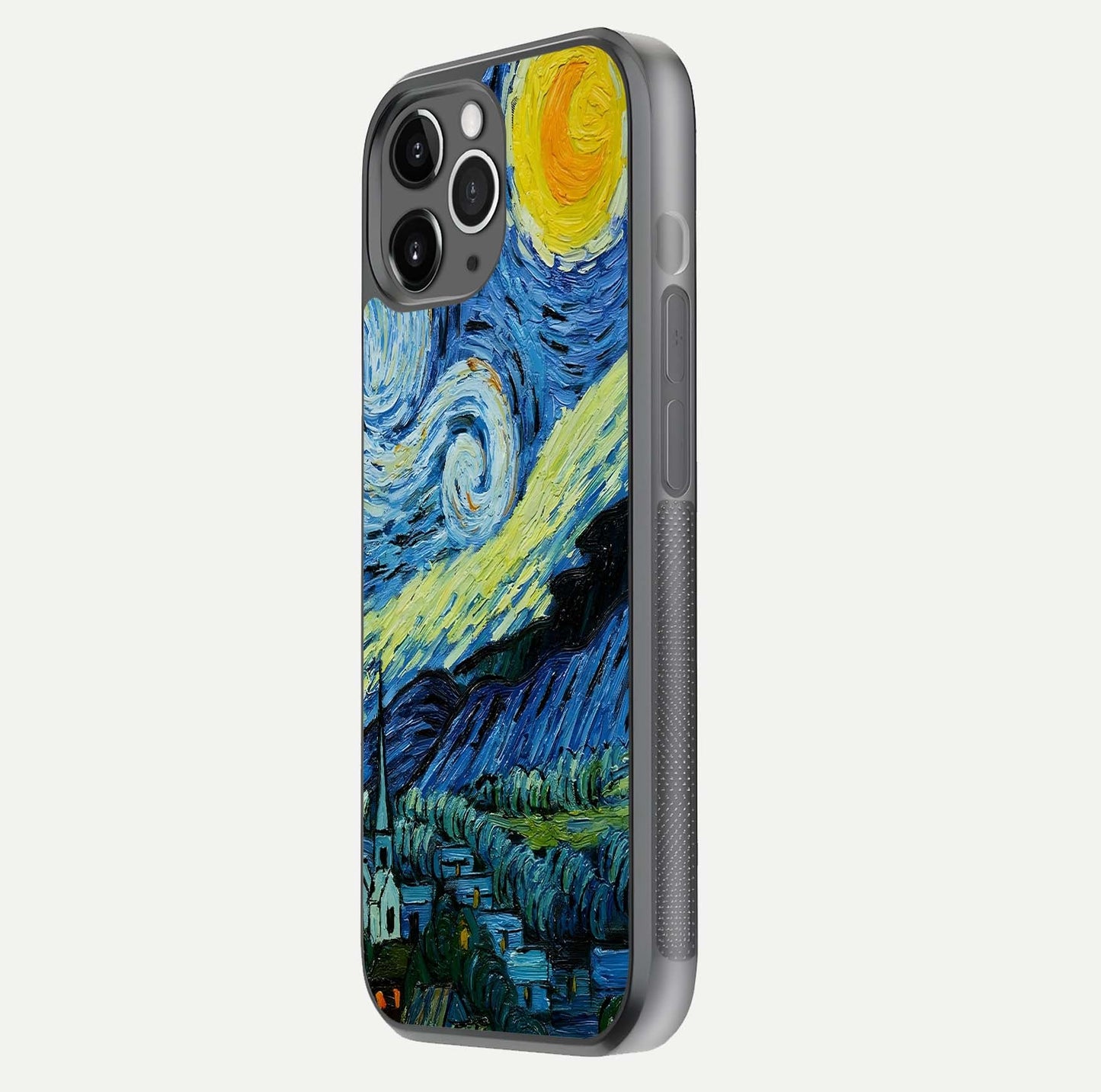 Inspired Van Gogh Art Glass Case for iPhone 11 Pro Max floating dual-view mockup showing gloss depth and artistic reflection