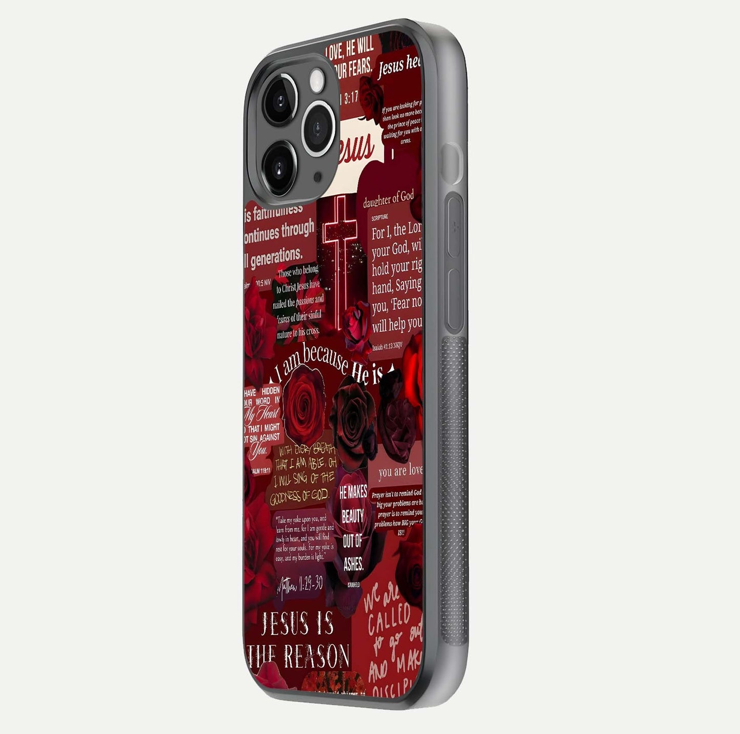 Jesus Love Heals Glass Case for iPhone 11 Pro Max floating dual-view mockup showing glossy shine and faith-inspired art