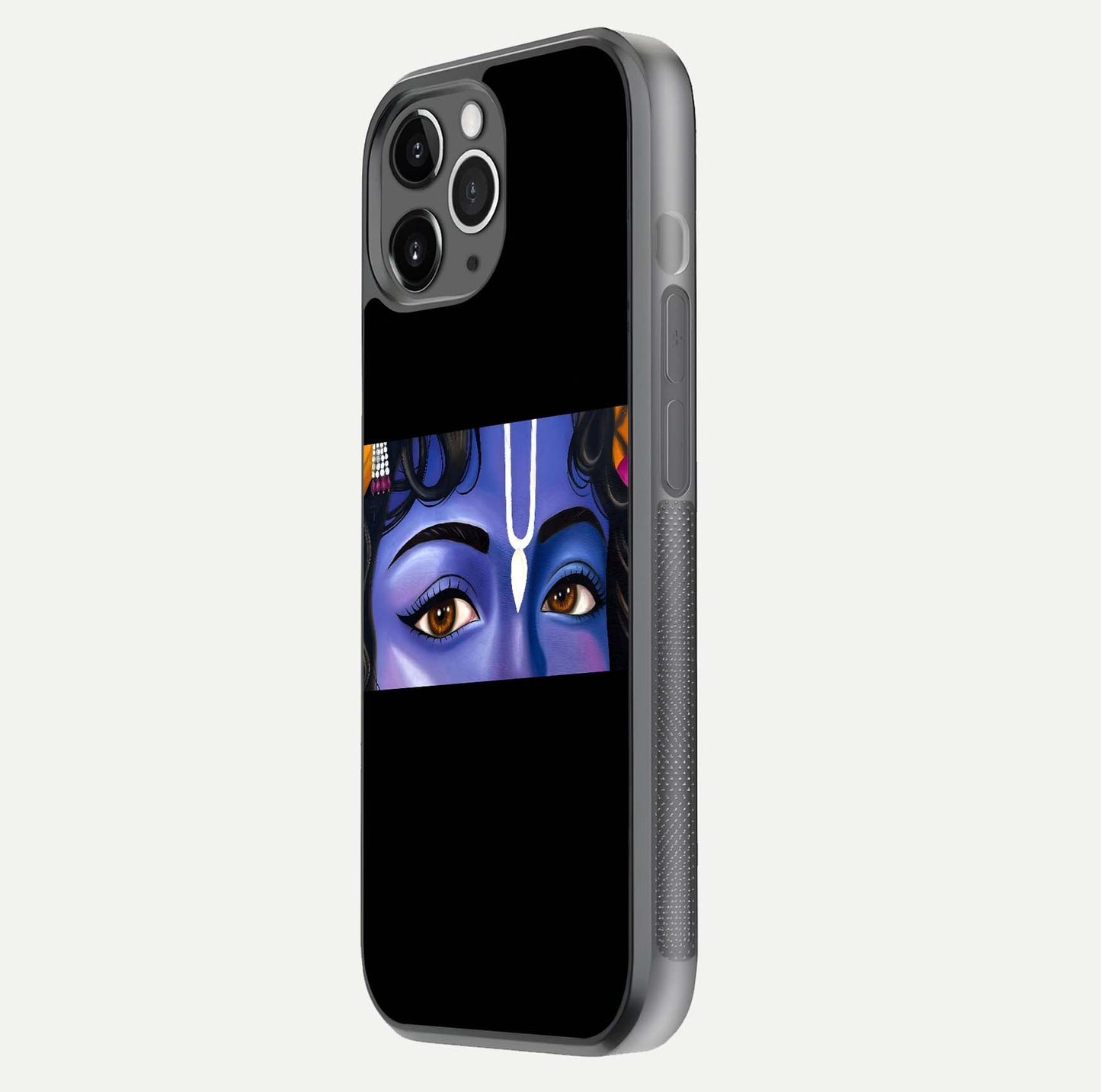 Krishna Eye Glass Case for iPhone 11 Pro Max floating dual-view mockup showing gloss surface and divine art depth