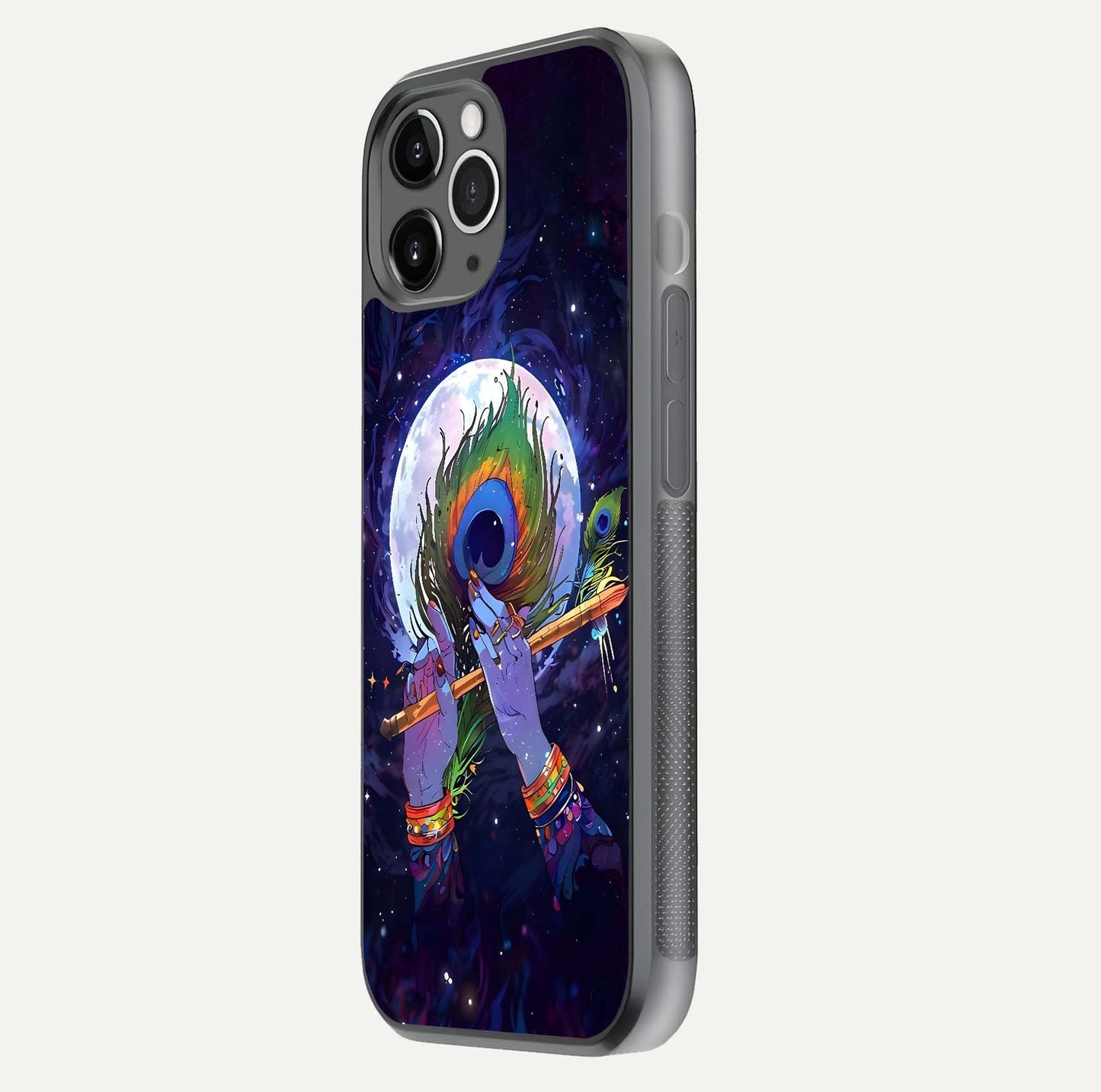 Krishna Hands Art Glass Case for iPhone 11 Pro Max floating dual-view mockup showing premium gloss reflection