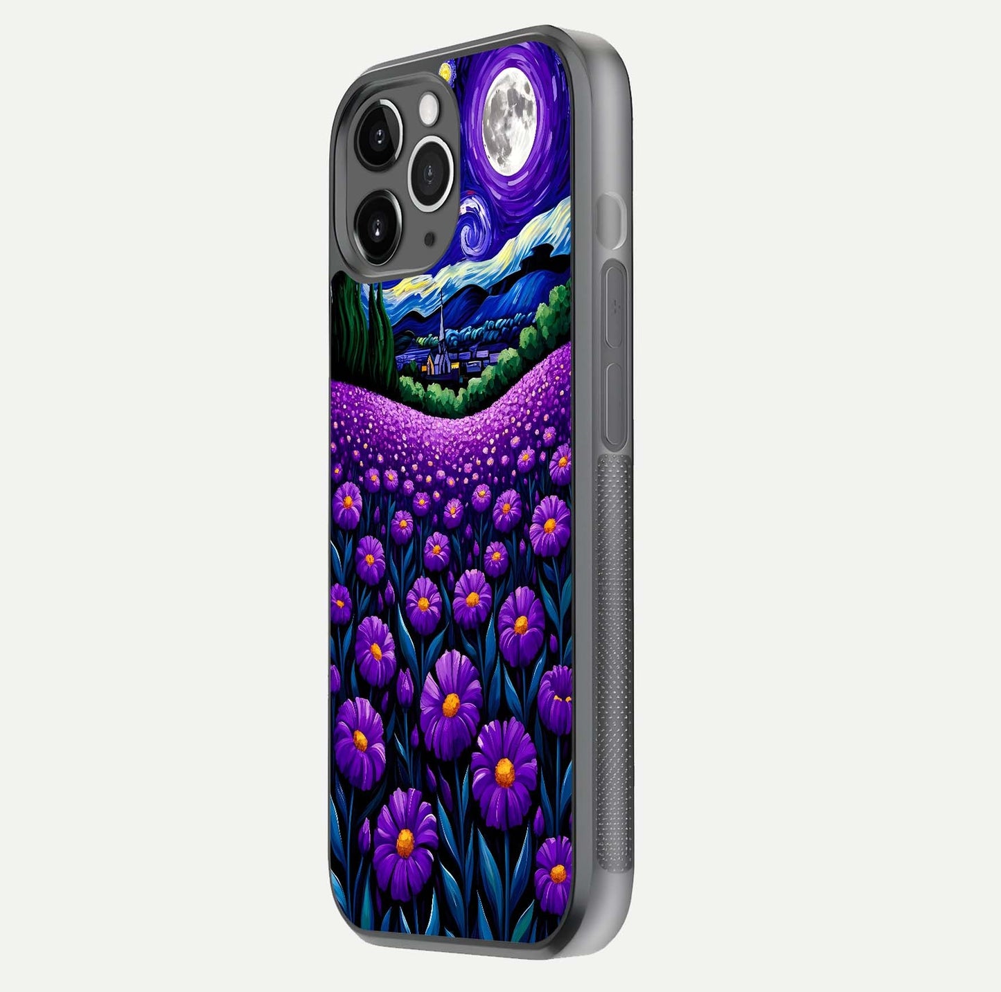 Lavender Moon Field Glass Case for iPhone 11 Pro Max floating dual-view mockup showing gloss surface and floral glow