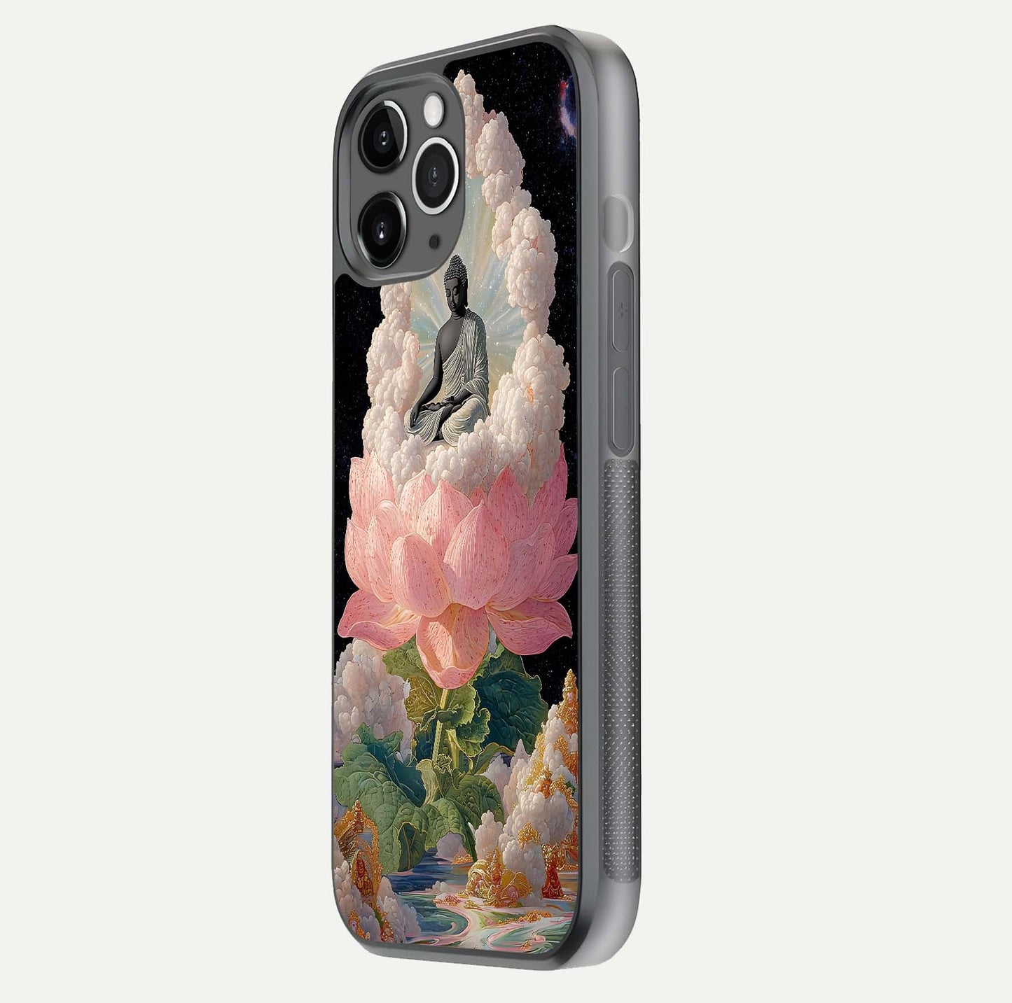 Lotus Divine Peace Glass Case for iPhone 11 Pro Max floating dual-view mockup with glass glow and spiritual calm art