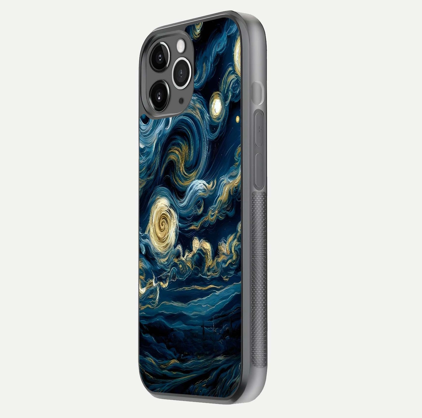 Midnight Sky Whirl Glass Case for iPhone 11 Pro Max floating dual-view mockup showing gloss texture and shine