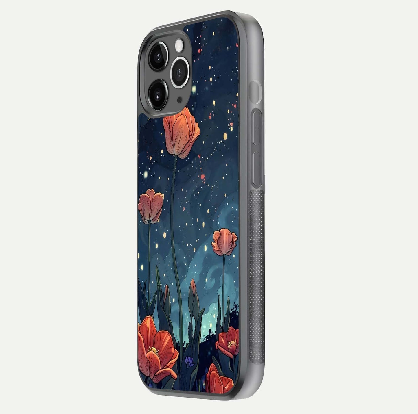 Midnight Tulip Glow Glass Case for iPhone 11 Pro Max floating dual-view mockup showing HD gloss and tulip tone