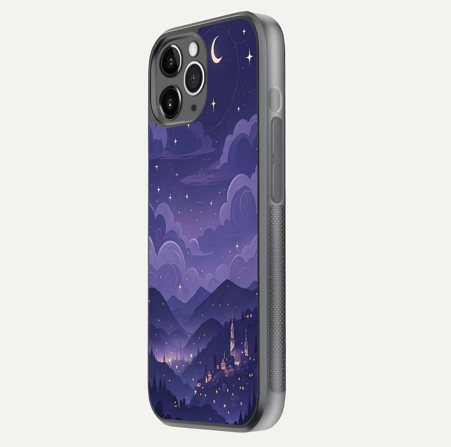 Minimal Night View Glass Case for iPhone 11 Pro Max floating dual-view mockup showing HD gloss and clean lines