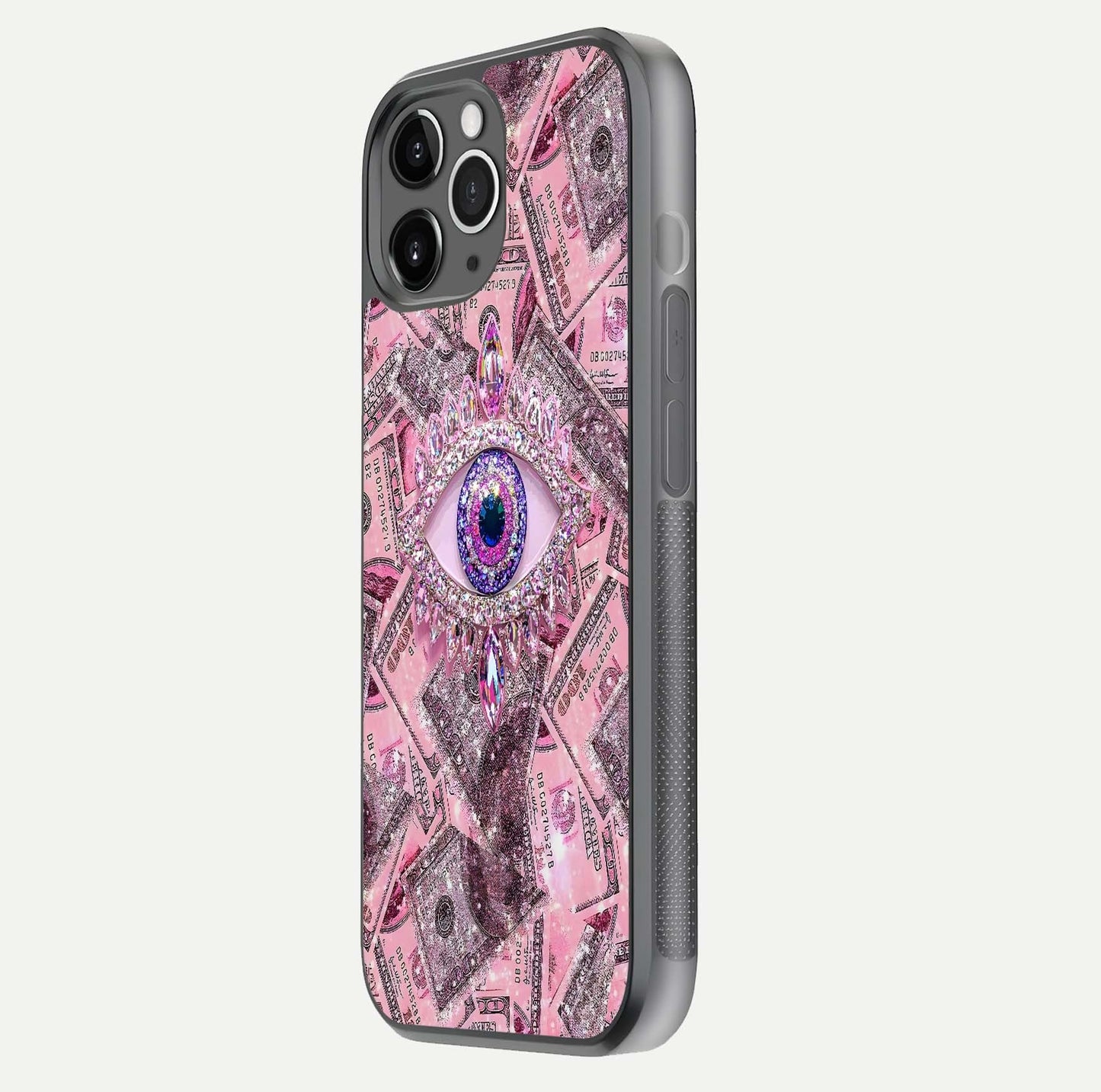 Money Eye Luxe Glass Case for iPhone 11 Pro Max floating dual-view mockup showing gloss surface and premium look