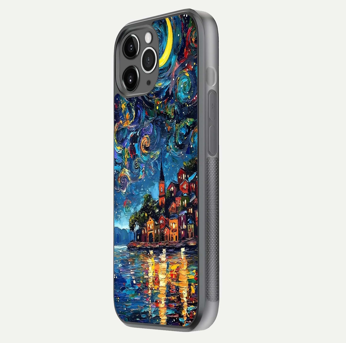 Moonlight Harbor Glow Glass Case for iPhone 11 Pro Max floating dual-view mockup showing gloss brightness and glow