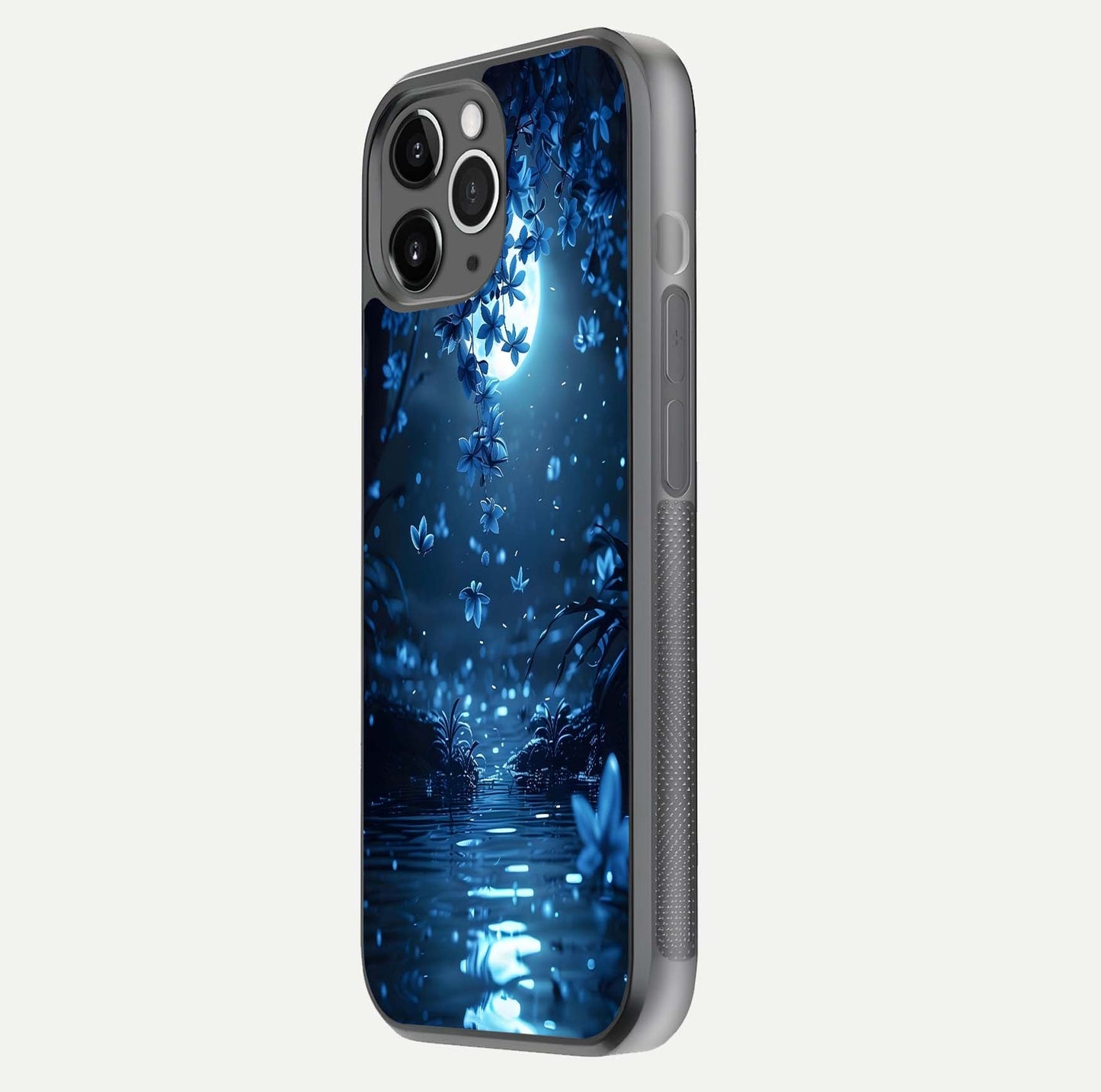Moonlight Petal Dream Glass Case for iPhone 11 Pro Max floating dual-view mockup showing HD gloss and dreamy art