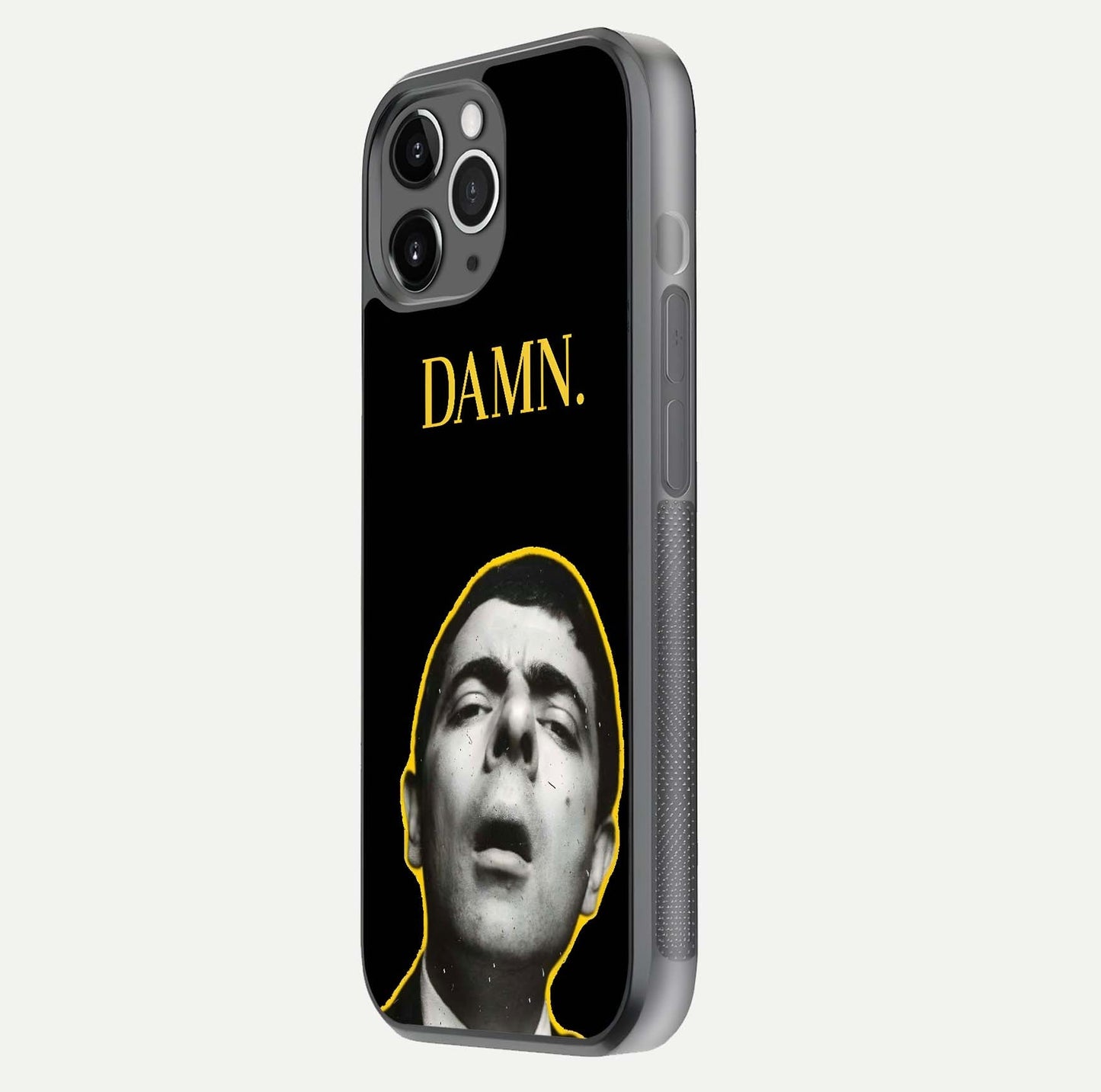 Mr Bean Damn Glass Case for iPhone 11 Pro Max floating dual-view mockup showing reflective gloss and vivid tones