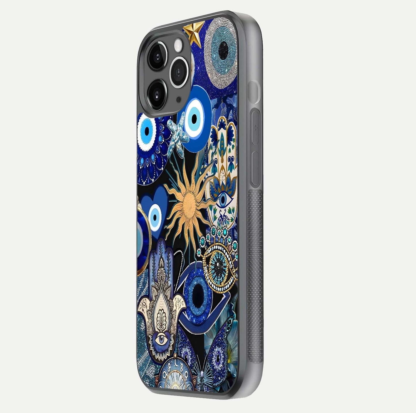 Mystic Blue Evil Eye Glass Case for iPhone 11 Pro Max floating dual-view mockup showing gloss depth and sacred symbol