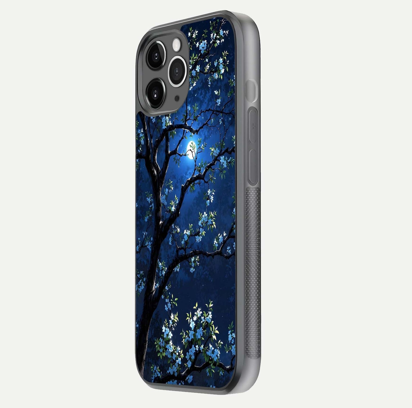 Mystic Floral Night Glass Case for iPhone 11 Pro Max floating dual-view mockup displaying shine and rich color depth