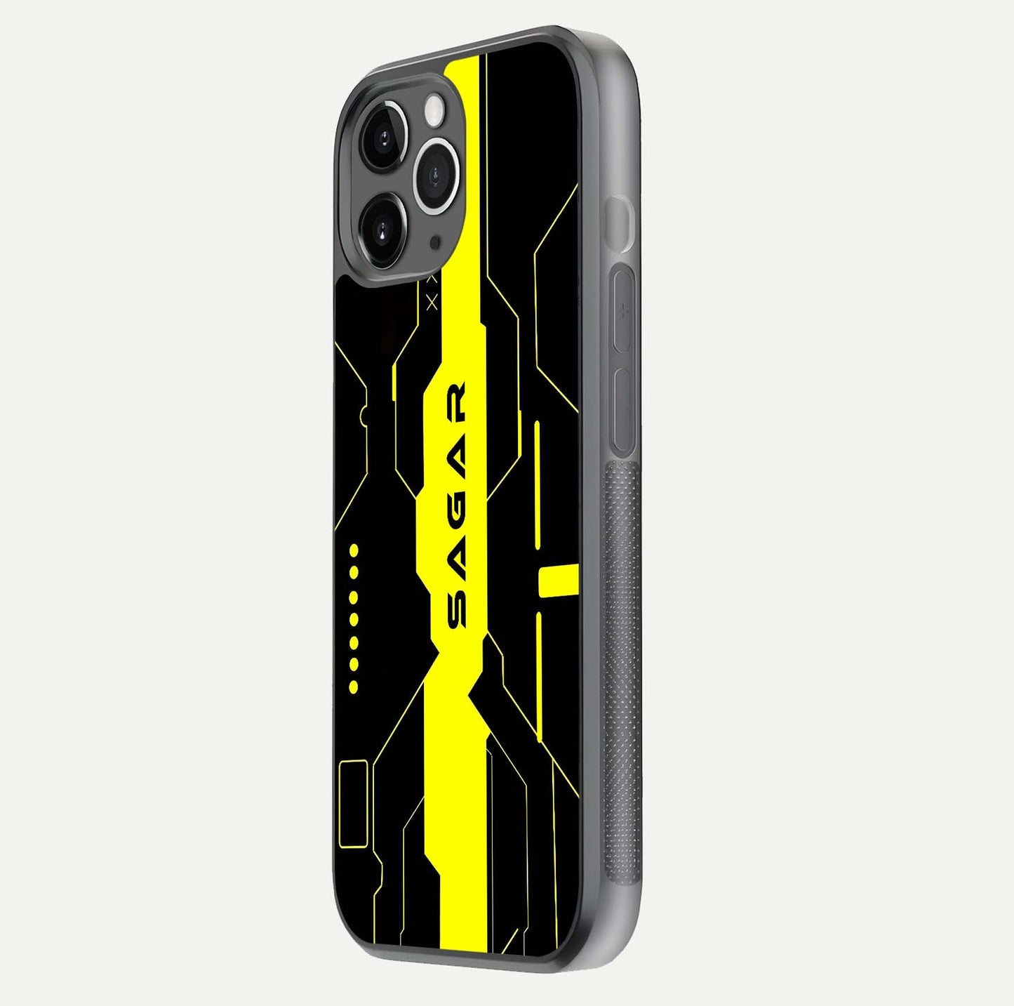 Neon CYBERPUNK Custom Name Glass Case for iPhone 11 Pro Max floating dual-view mockup showing HD shine and neon lines