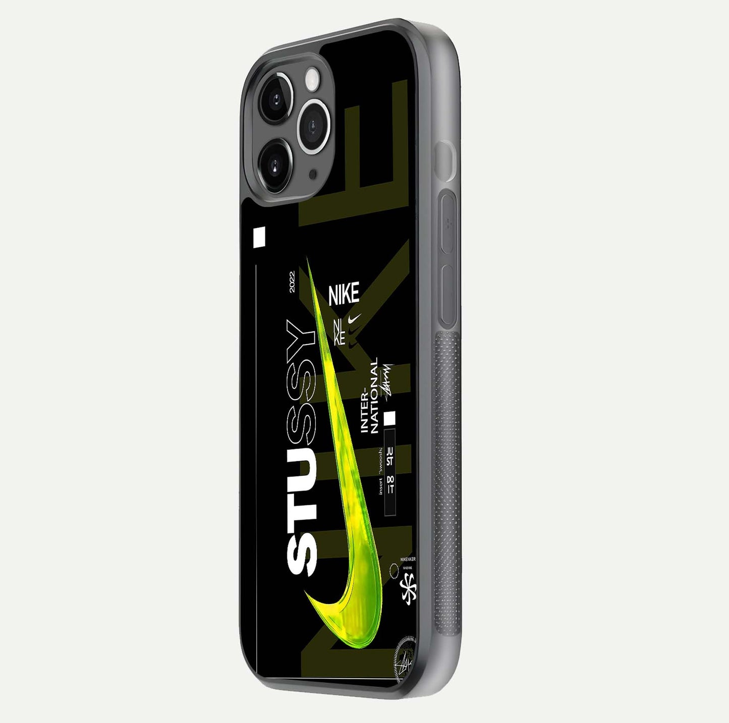 Neon Street Edition Glass Case for iPhone 11 Pro Max floating dual-view mockup showing HD gloss and neon glow