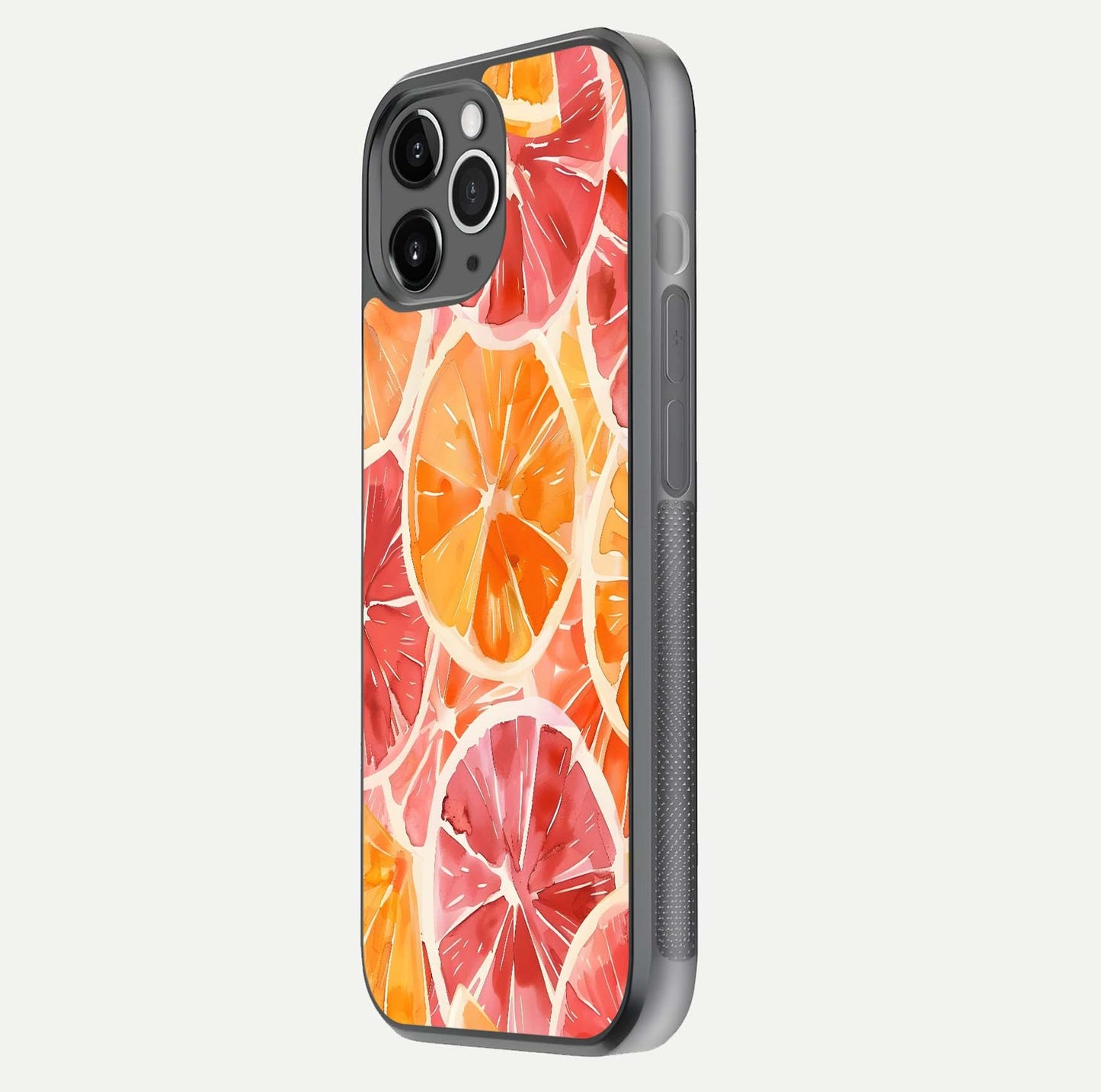 Orange Fruits Pattern Glass Case for iPhone 11 Pro Max floating dual-view mockup showing gloss reflection and HD tone