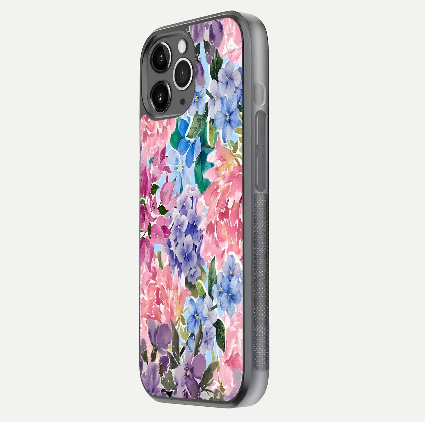 Pastel Floral Mix Glass Case for iPhone 11 Pro Max floating dual-view mockup showing HD gloss and floral texture