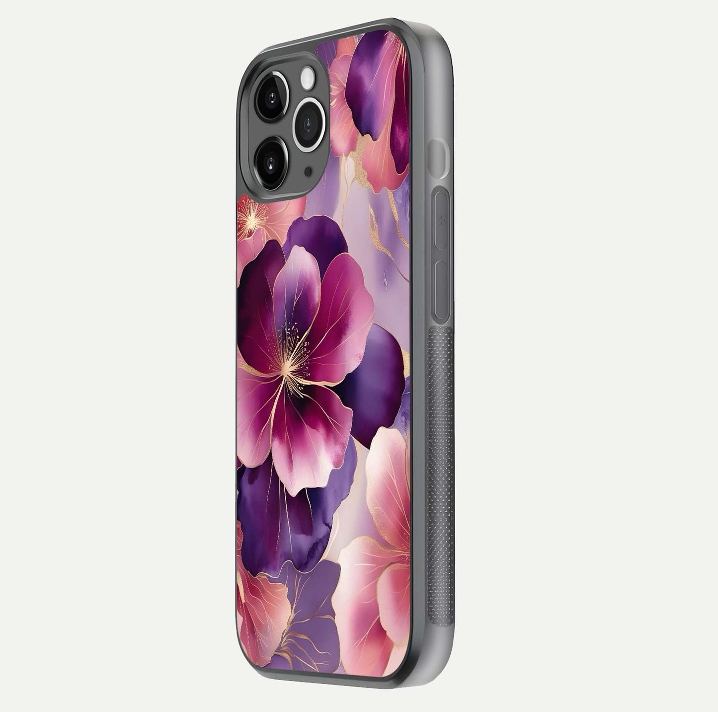 Pink Bouquet Florals Glass Case for iPhone 11 Pro Max floating dual-view mockup showing gloss surface and color depth
