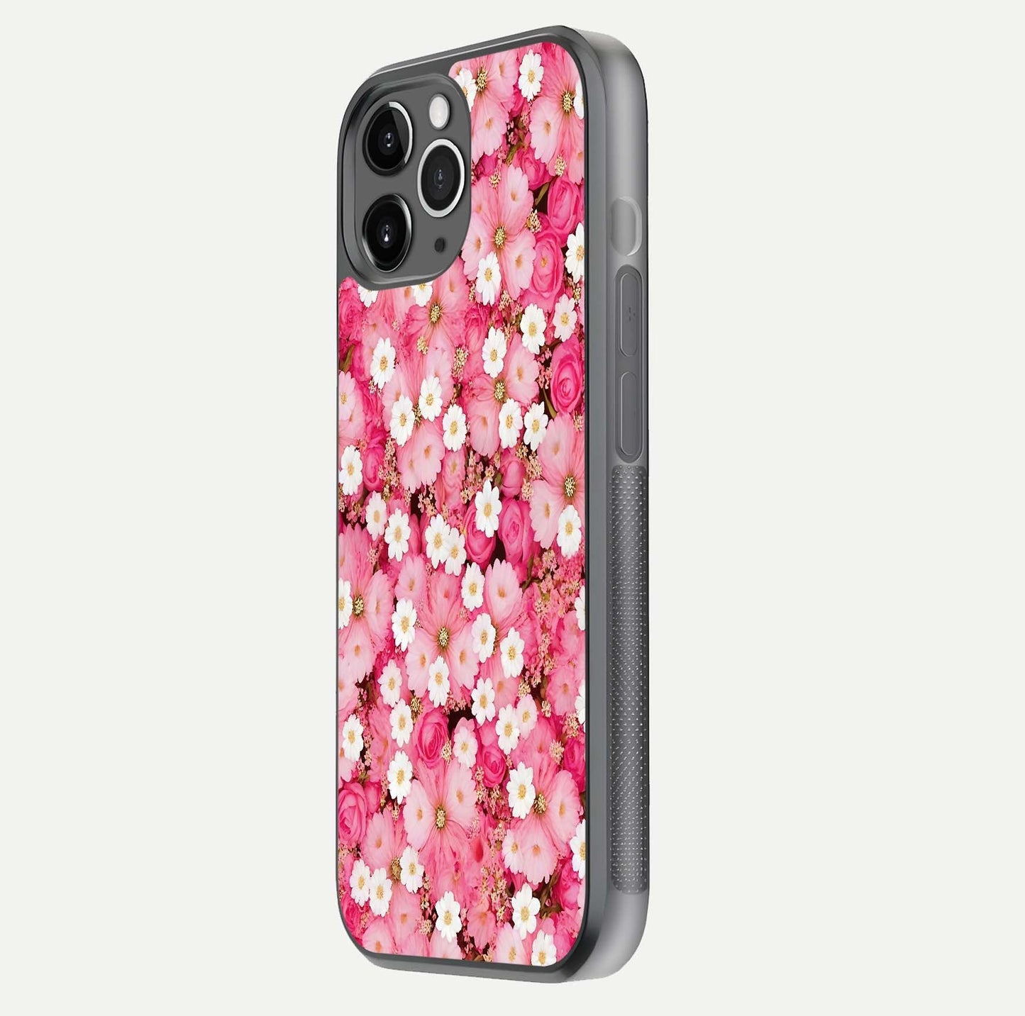 Pink Daisy Bliss Glass Case for iPhone 11 Pro Max floating dual-view mockup displaying gloss shine and pastel tones