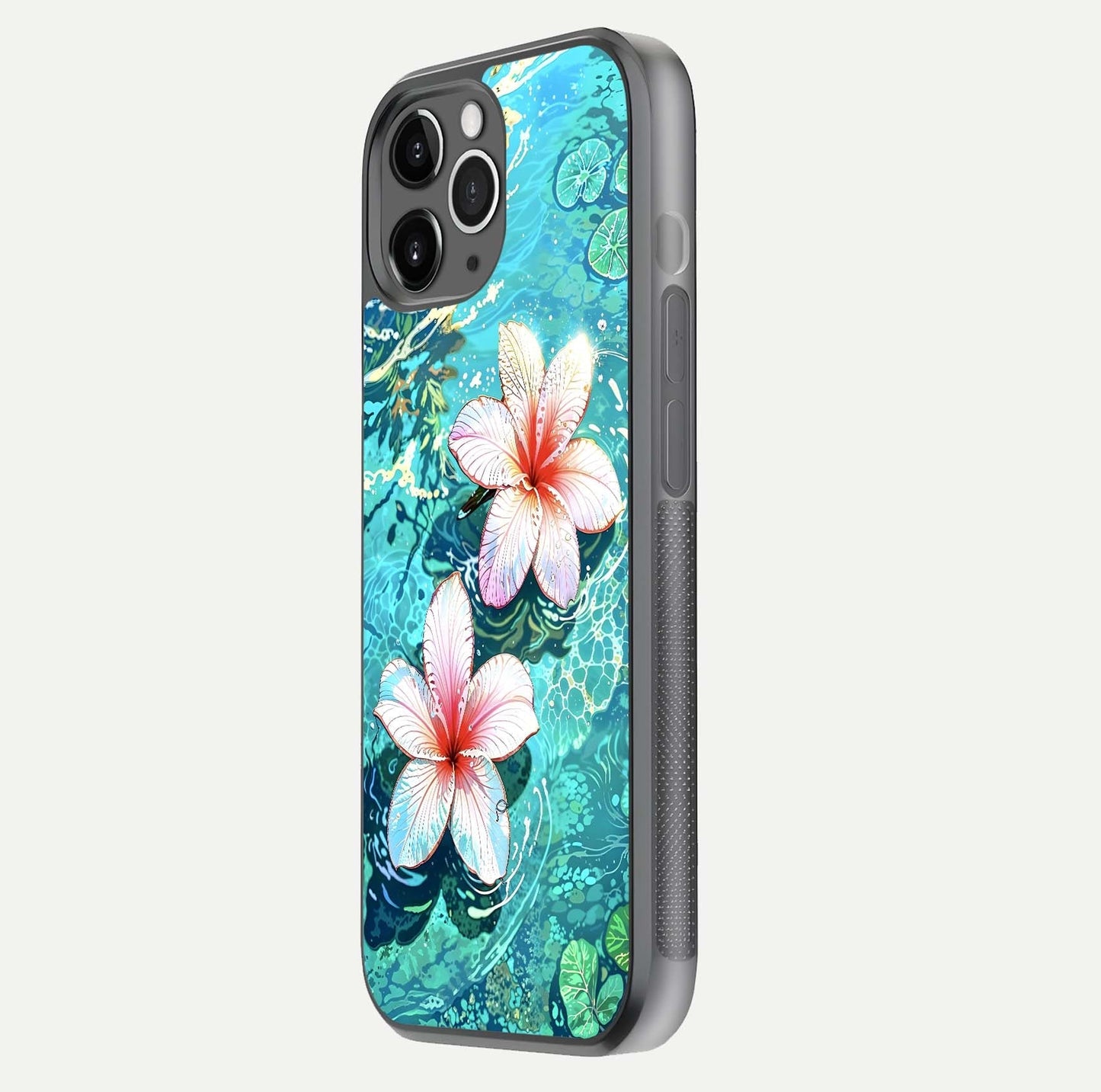 Pink Flowers in Water Glass Case for iPhone 11 Pro Max floating dual-view mockup showing gloss and floral clarity