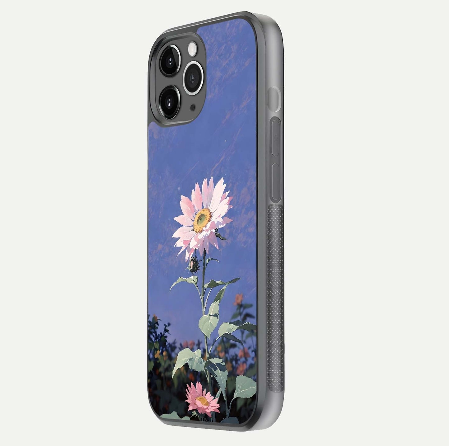 Pink Sunflower Glow Glass Case for iPhone 11 Pro Max floating dual-view mockup showing gloss reflection and design depth