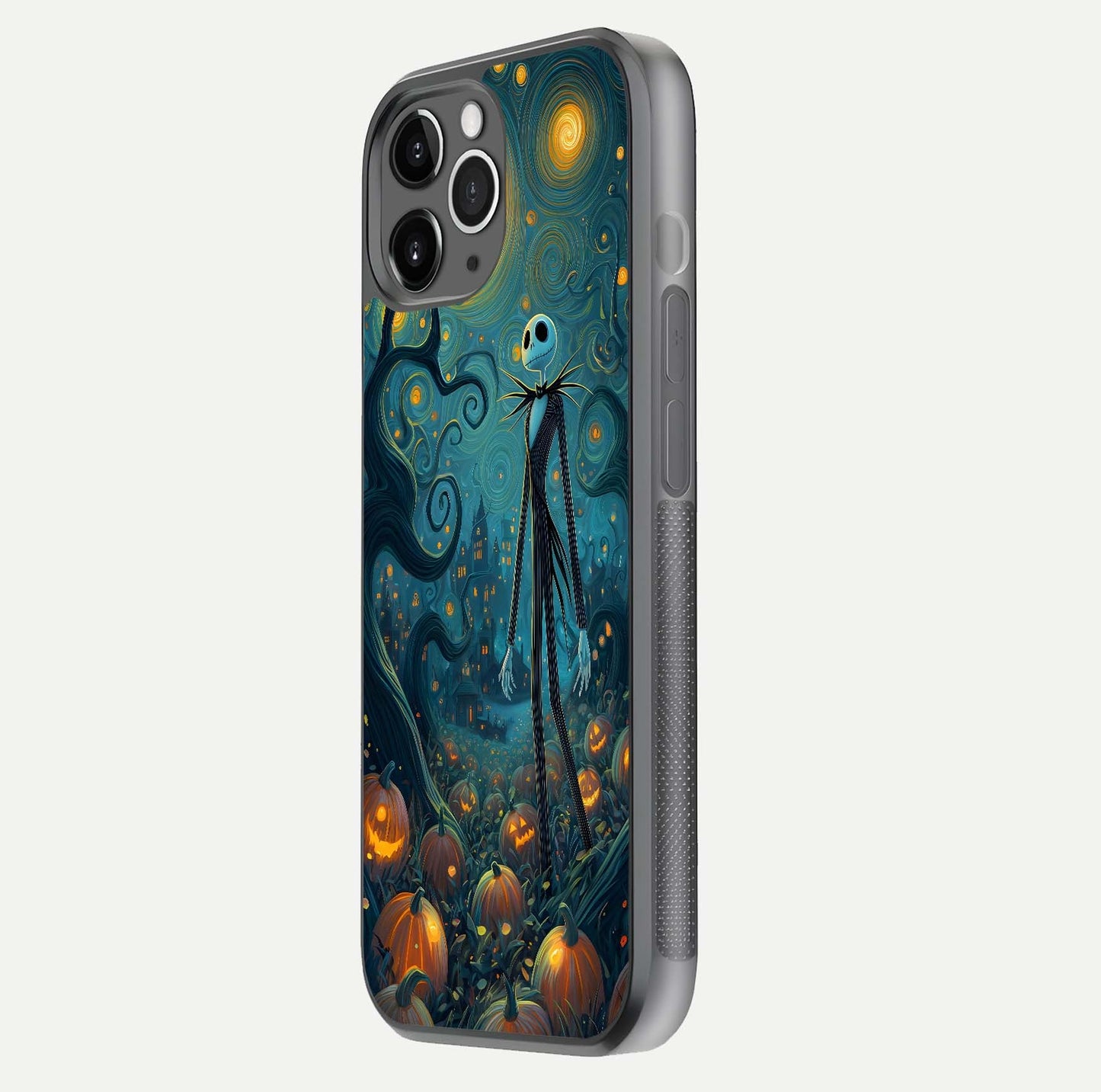 Pumpkin Moonlight Tale Glass Case for iPhone 11 Pro Max floating dual-view mockup showing HD gloss and eerie design