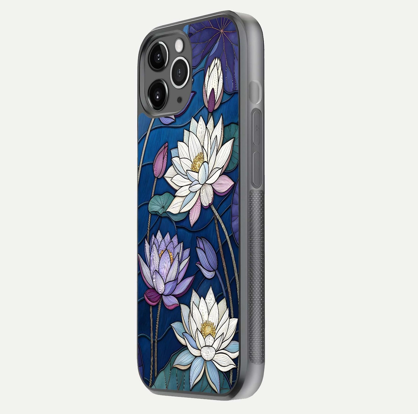 Purple Lotus Stained Glass Case for iPhone 11 Pro Max floating dual-view mockup displaying color depth and glass clarity