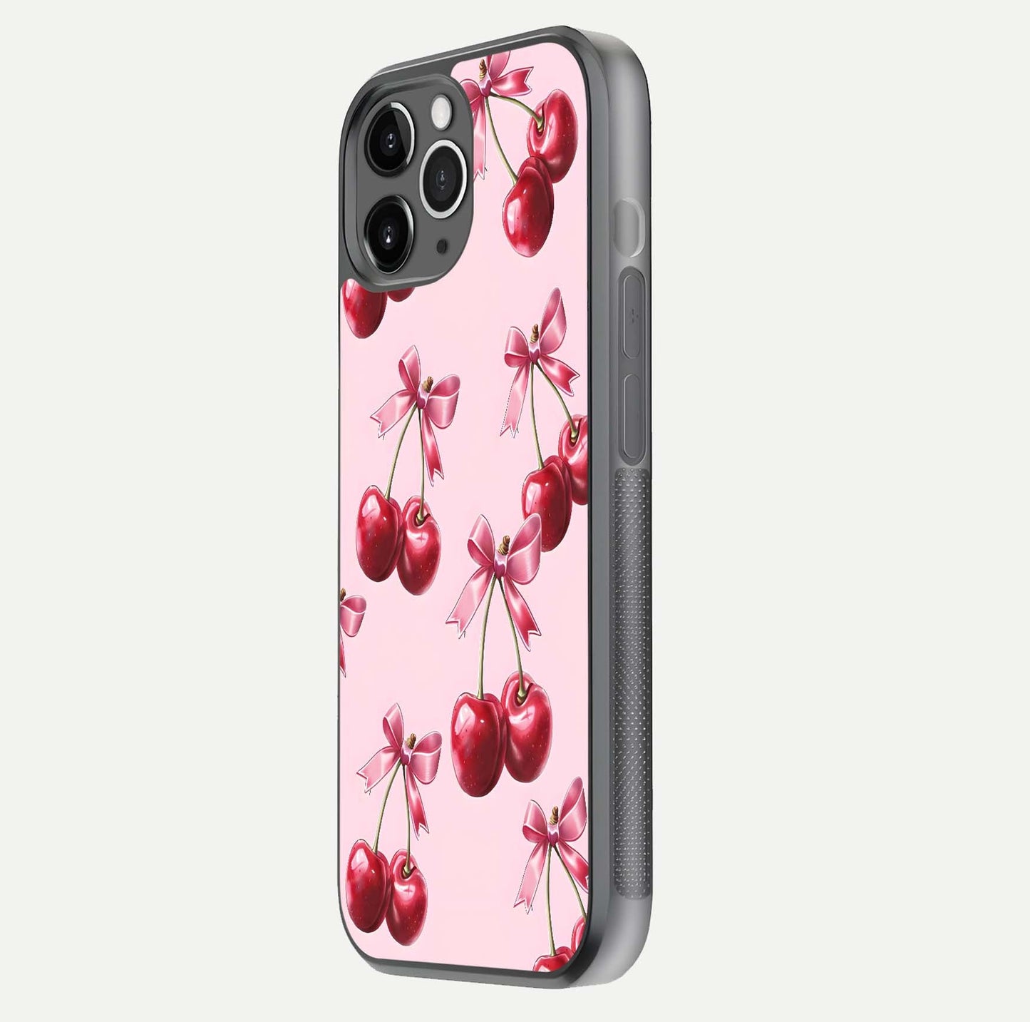 Red Cherries Pattern Glass Case for iPhone 11 Pro Max floating dual-view mockup showing gloss and color contrast