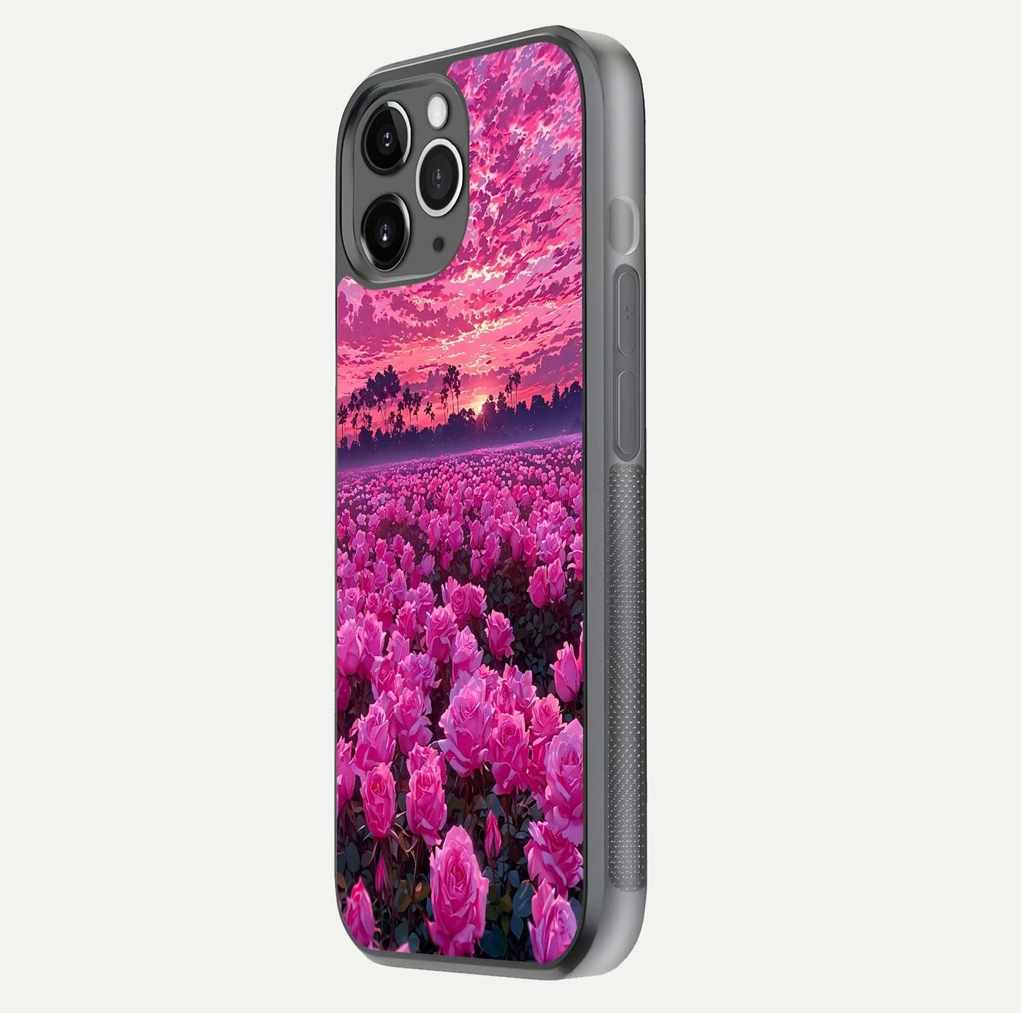 Rose Sunset Valley Glass Case for iPhone 11 Pro Max floating dual-view mockup showing gloss reflection and art depth