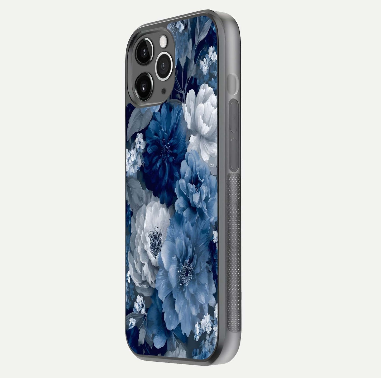 Royal Bloom Garden Glass Case for iPhone 11 Pro Max floating dual-view mockup displaying gloss and print clarity
