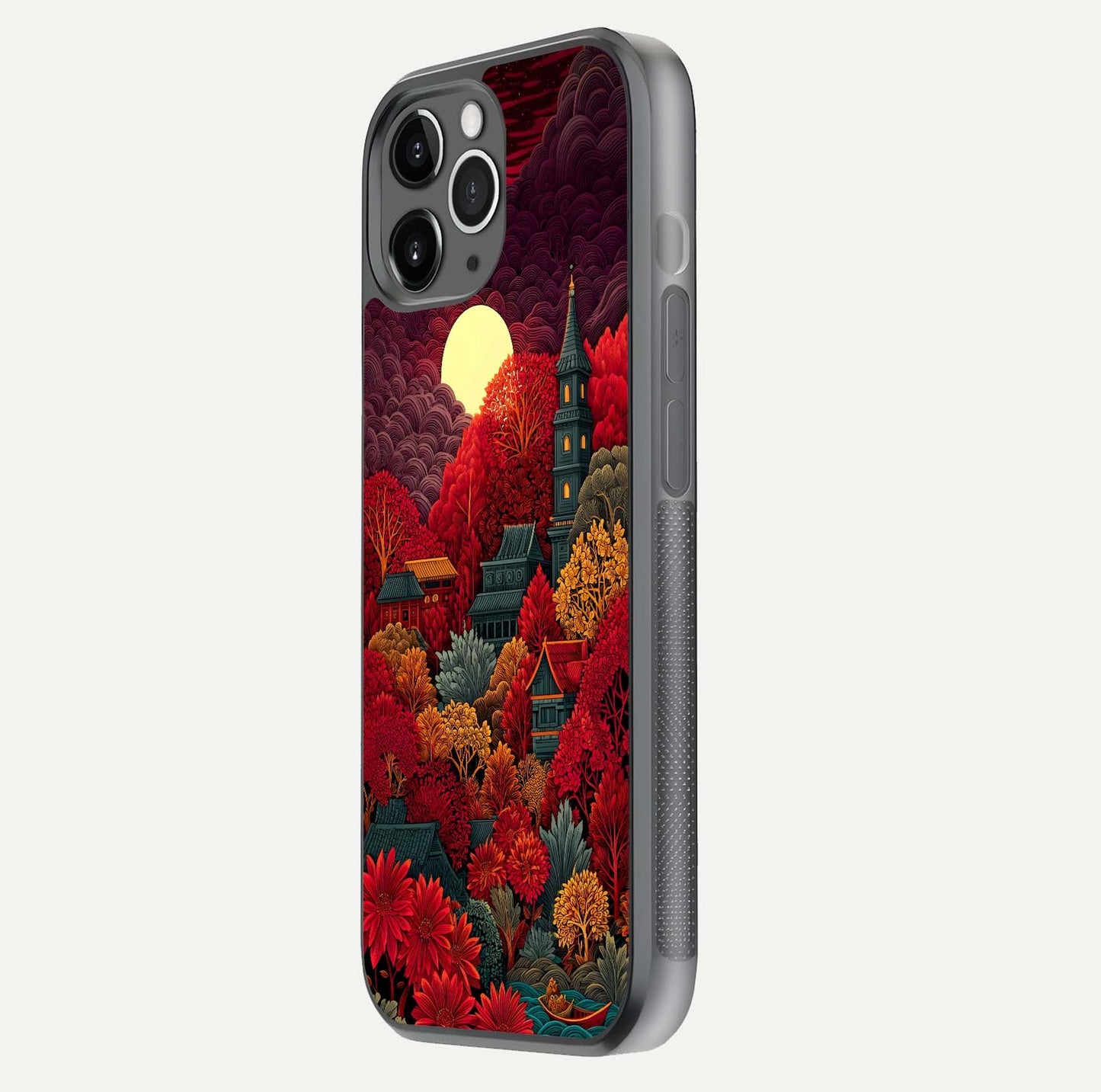 Scarlet Autumn Temple Glass Case for iPhone 11 Pro Max floating dual-view mockup displaying gloss shine and autumn tones