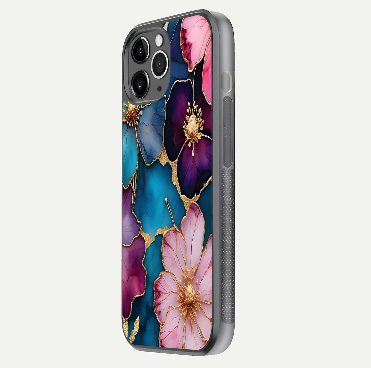 Sparkle Floral Glass Case for iPhone 11 Pro Max floating dual-view mockup displaying gloss surface and sparkle effect