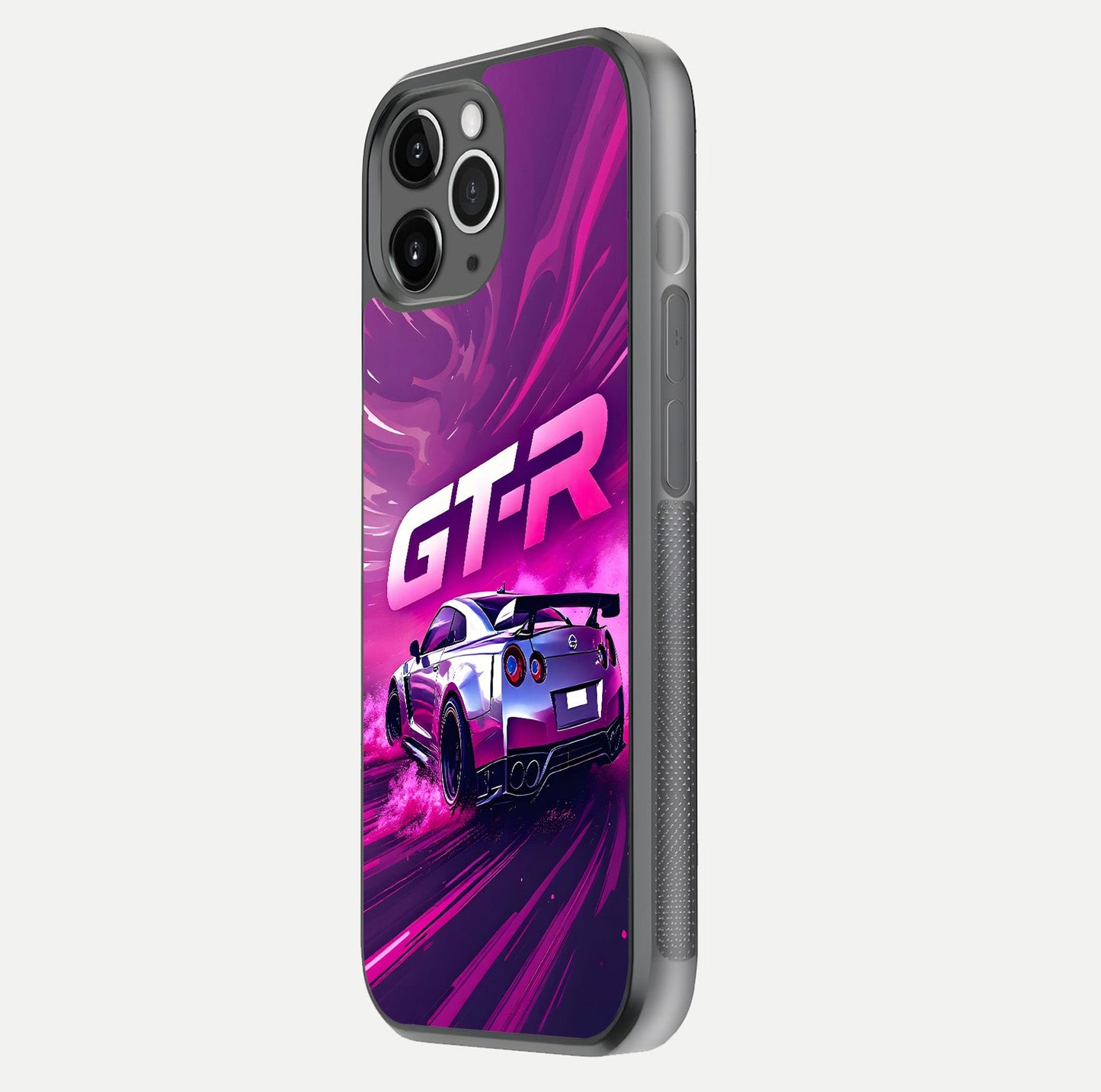 Speed Drift Legend Glass Case for iPhone 11 Pro Max floating dual-view mockup displaying gloss shine and motion effect