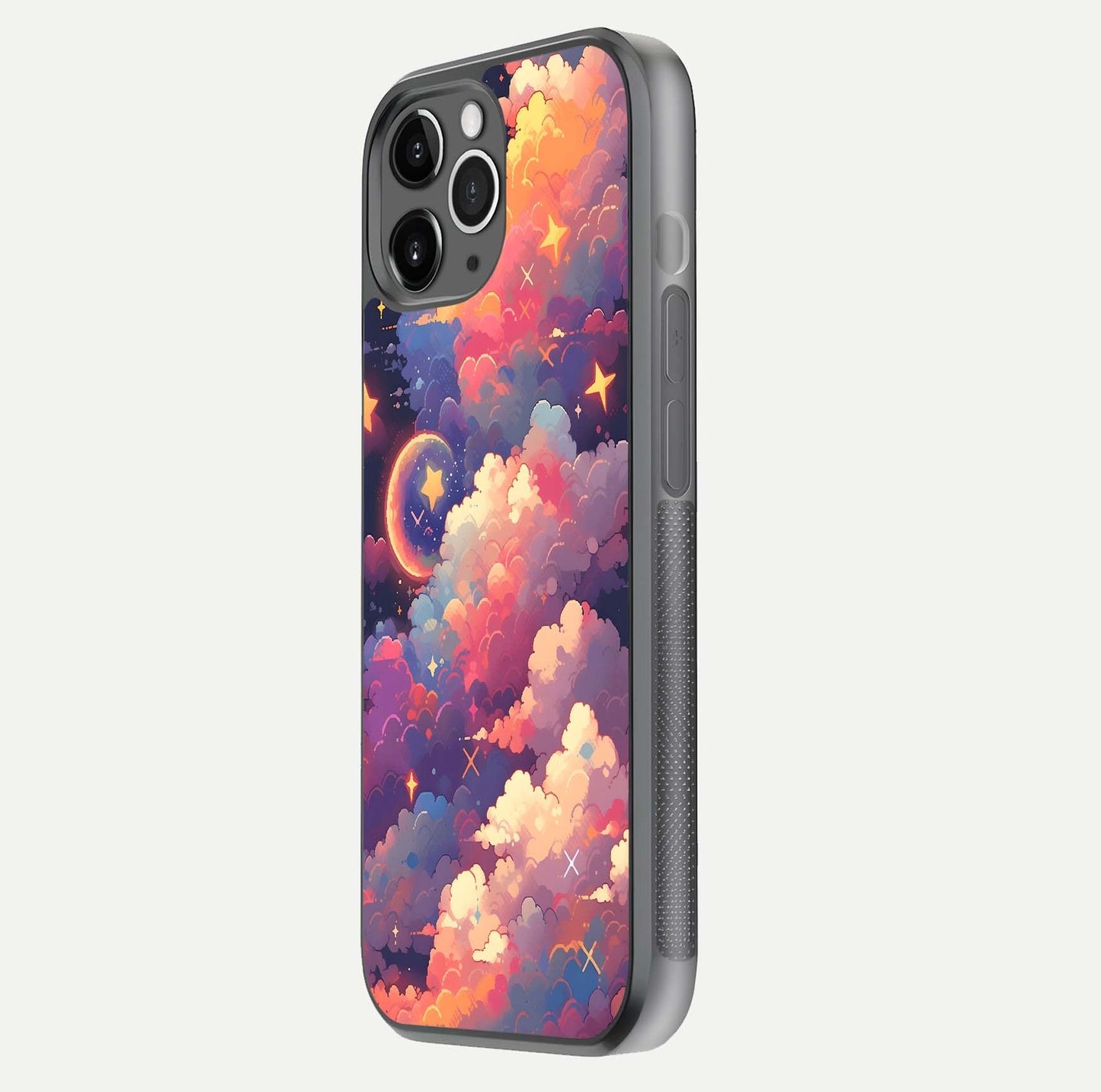 Starlit Dream Clouds Glass Case for iPhone 11 Pro Max floating dual-view mockup displaying gloss and soft light detail