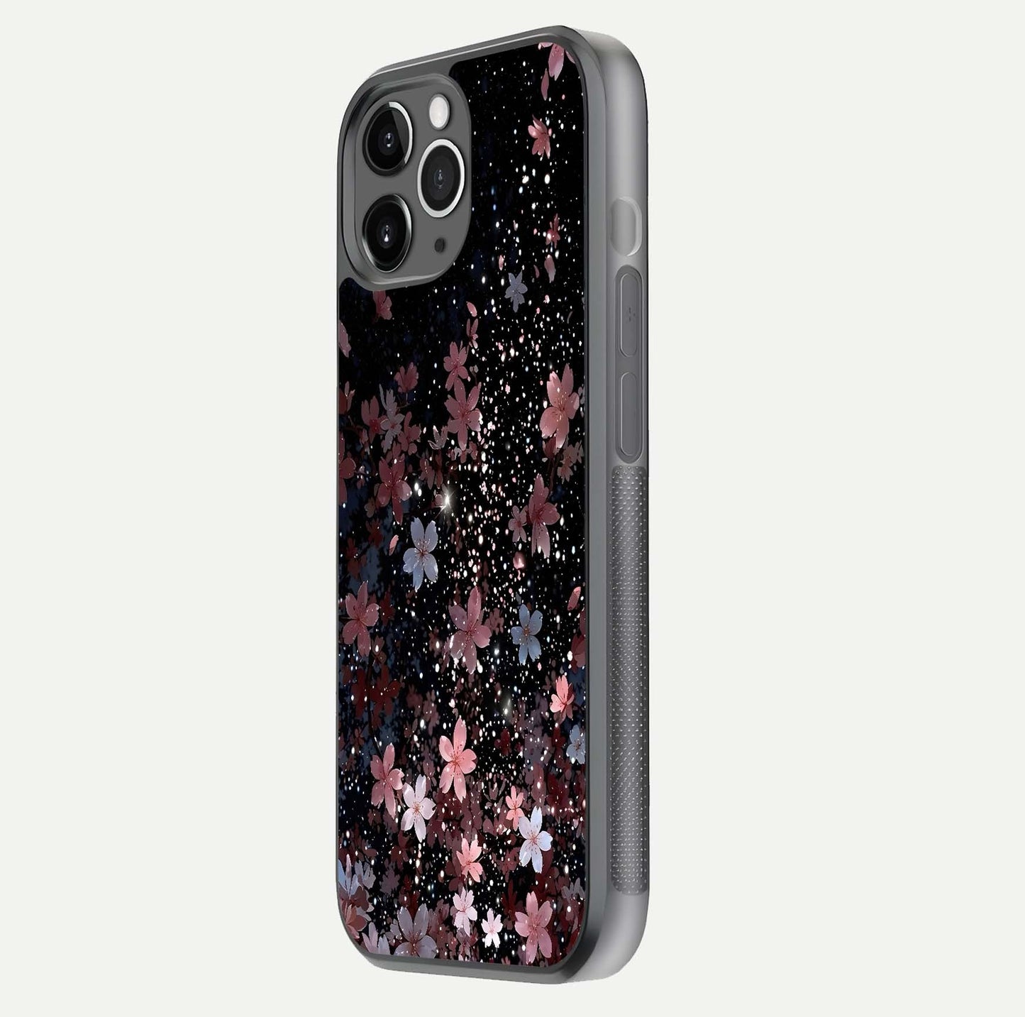 Starlit Flower Dreams Glass Case for iPhone 11 Pro Max floating dual-view mockup displaying gloss and print clarity