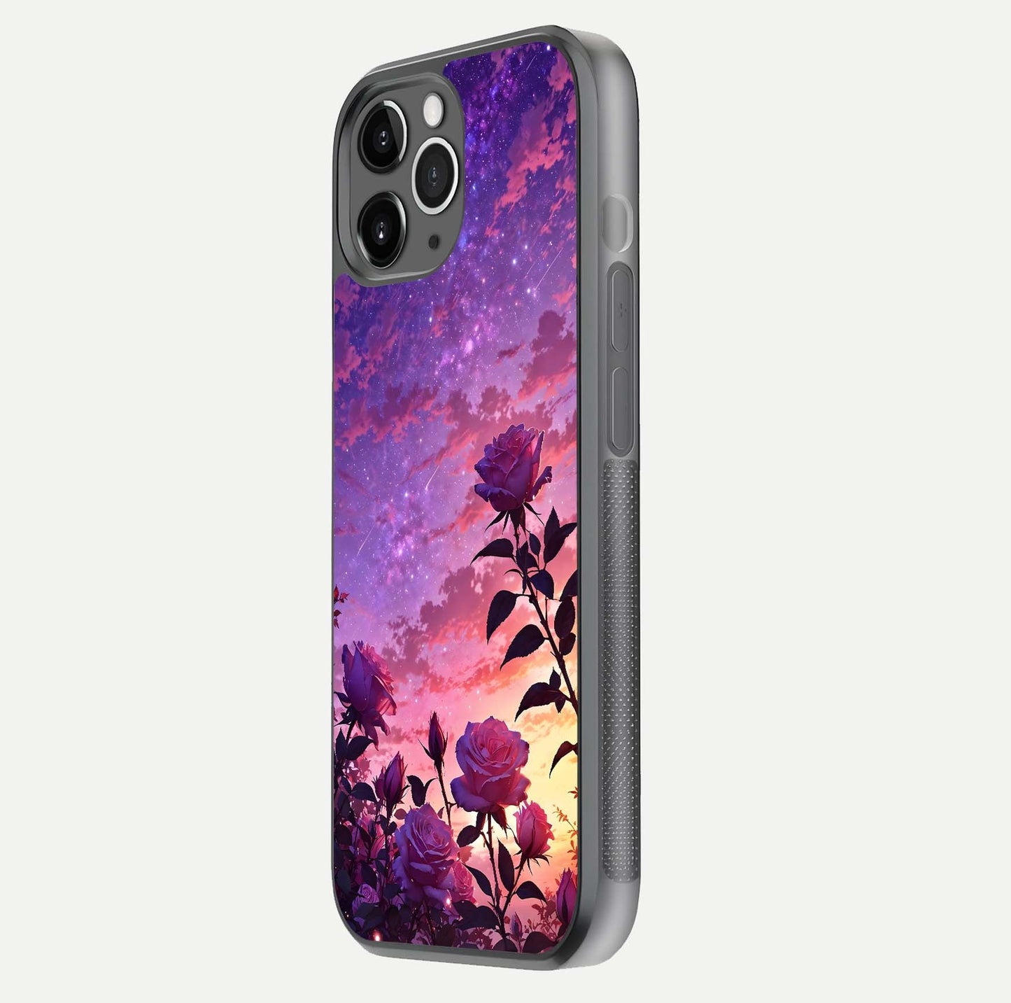 Starlit Rose Twilight Glass Case for iPhone 11 Pro Max floating dual-view mockup displaying gloss shine and depth