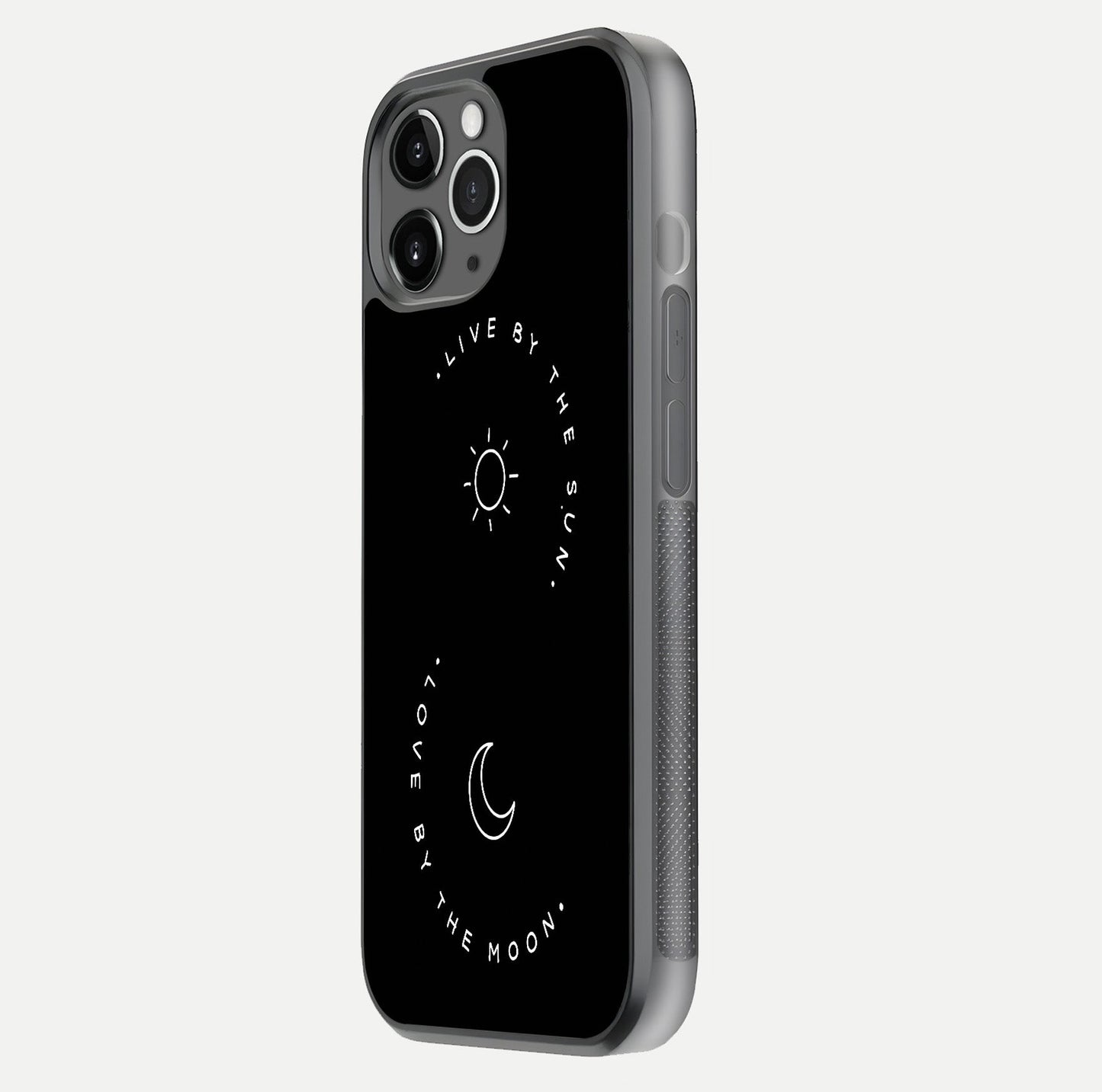Sun Moon Balance Glass Case for iPhone 11 Pro Max floating dual-view mockup displaying gloss surface and edge clarity