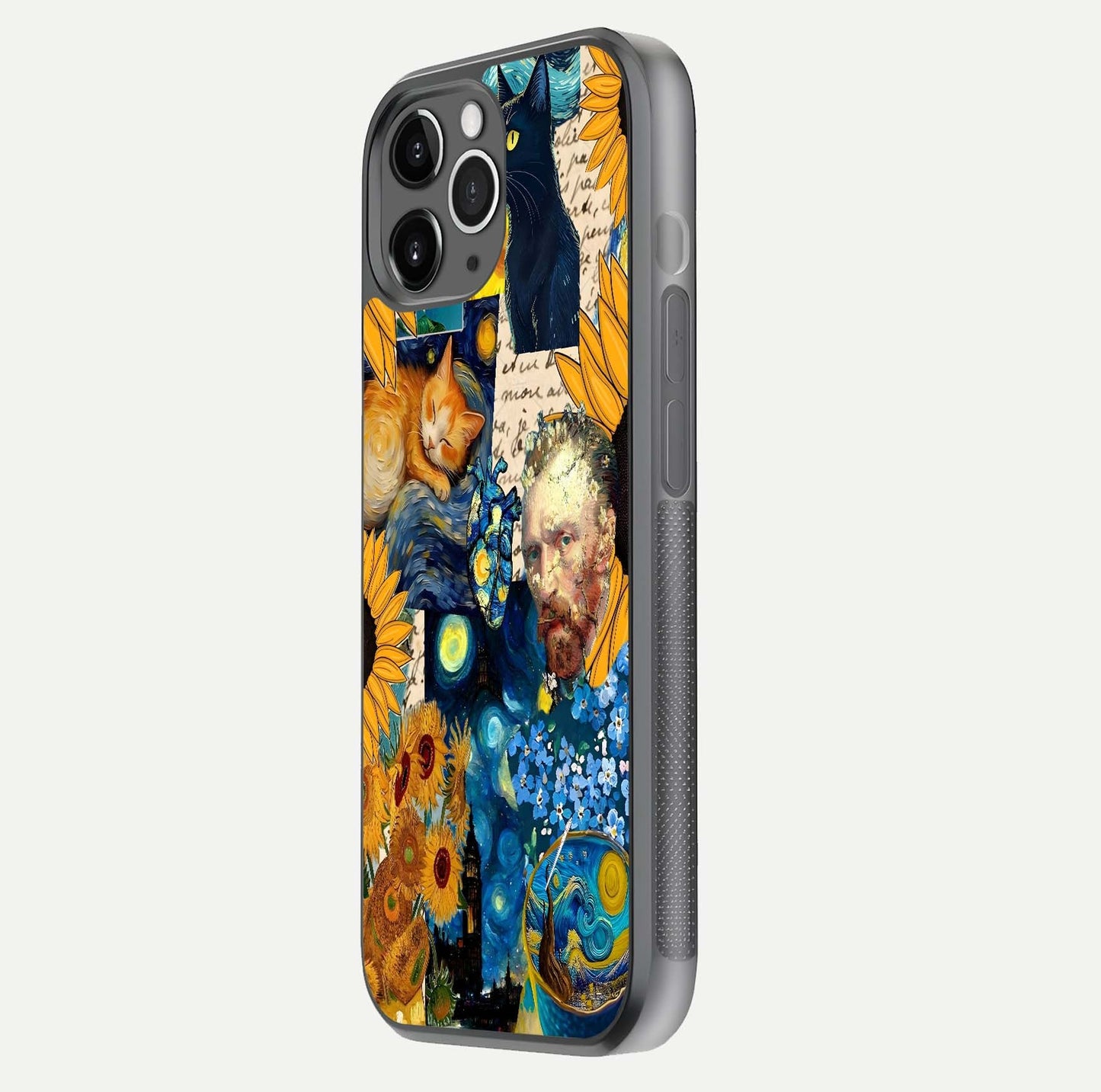 Sunflower Cat Art Glass Case for iPhone 11 Pro Max floating dual-view mockup displaying gloss shine and HD art print