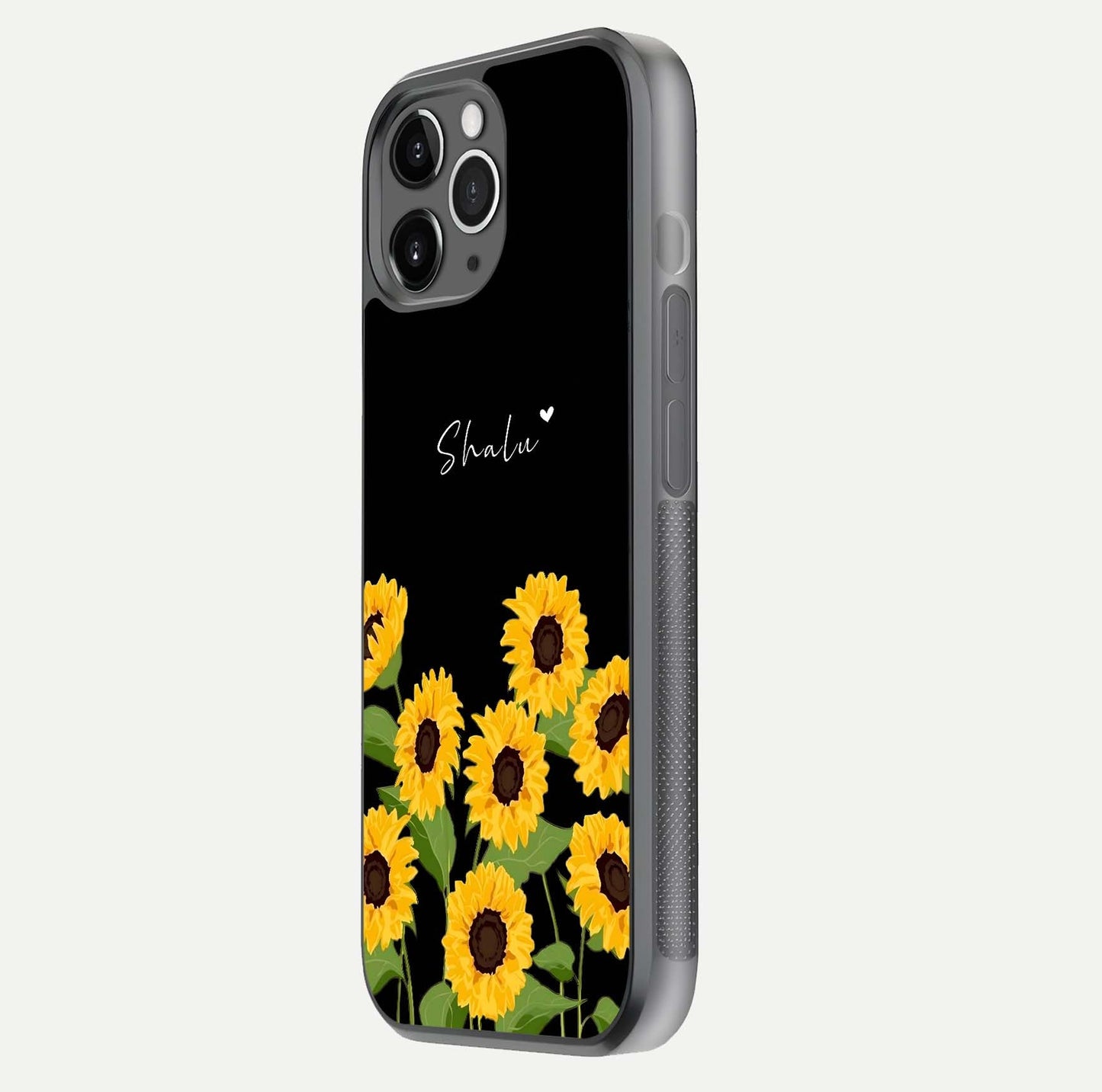 Sunflower Chic Mood Custom Name Glass Case for iPhone 16 Pro floating dual-view mockup displaying gloss texture and detail