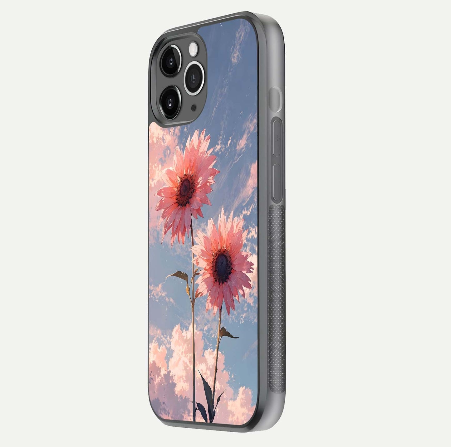 Sunlit Daisy Glow Glass Case for iPhone 11 Pro Max floating dual-view mockup displaying gloss finish and HD print