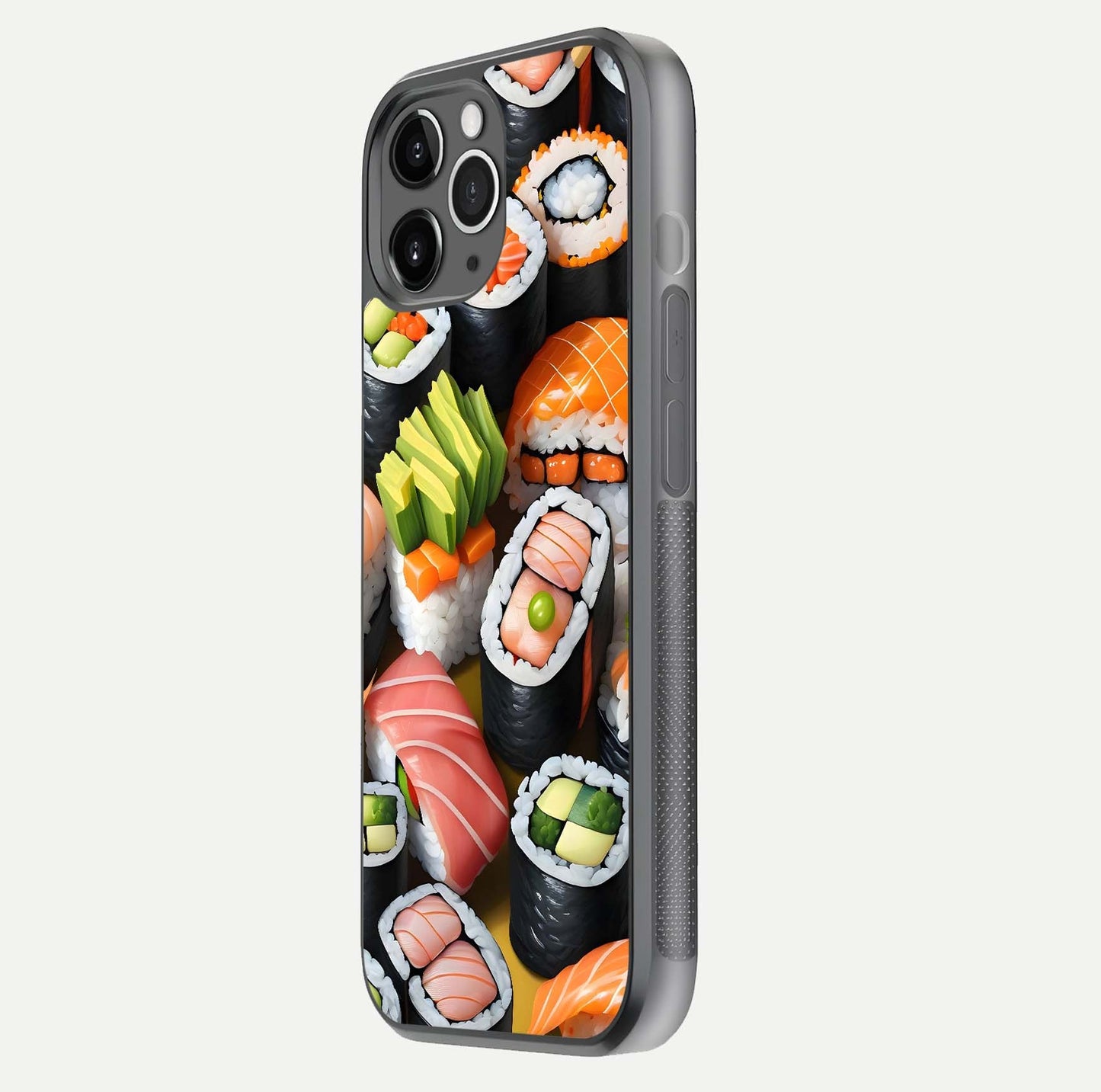 Sushi Food Pattern Glass Case for iPhone 11 Pro Max floating dual-view mockup displaying gloss and HD pattern